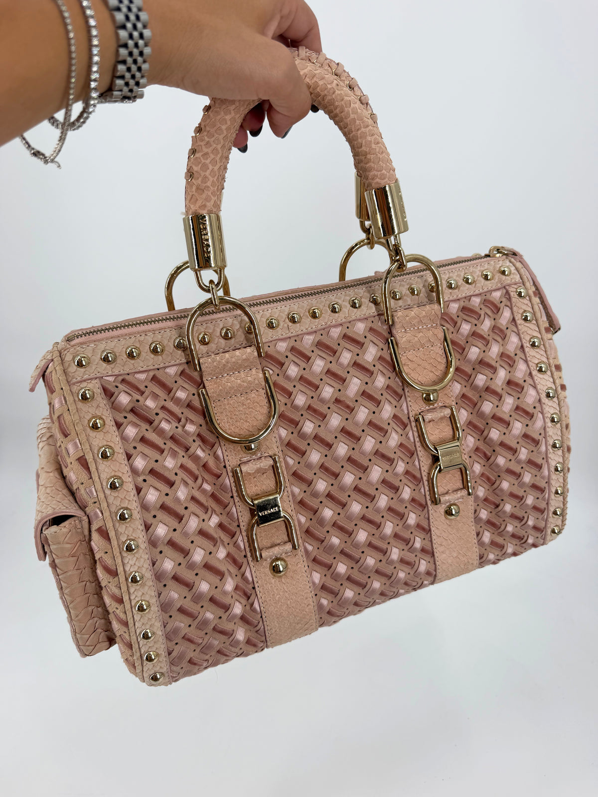 Versace Pink Woven Leather Studded Boston Satchel Python-Effect Trim Gold Logo Plaque