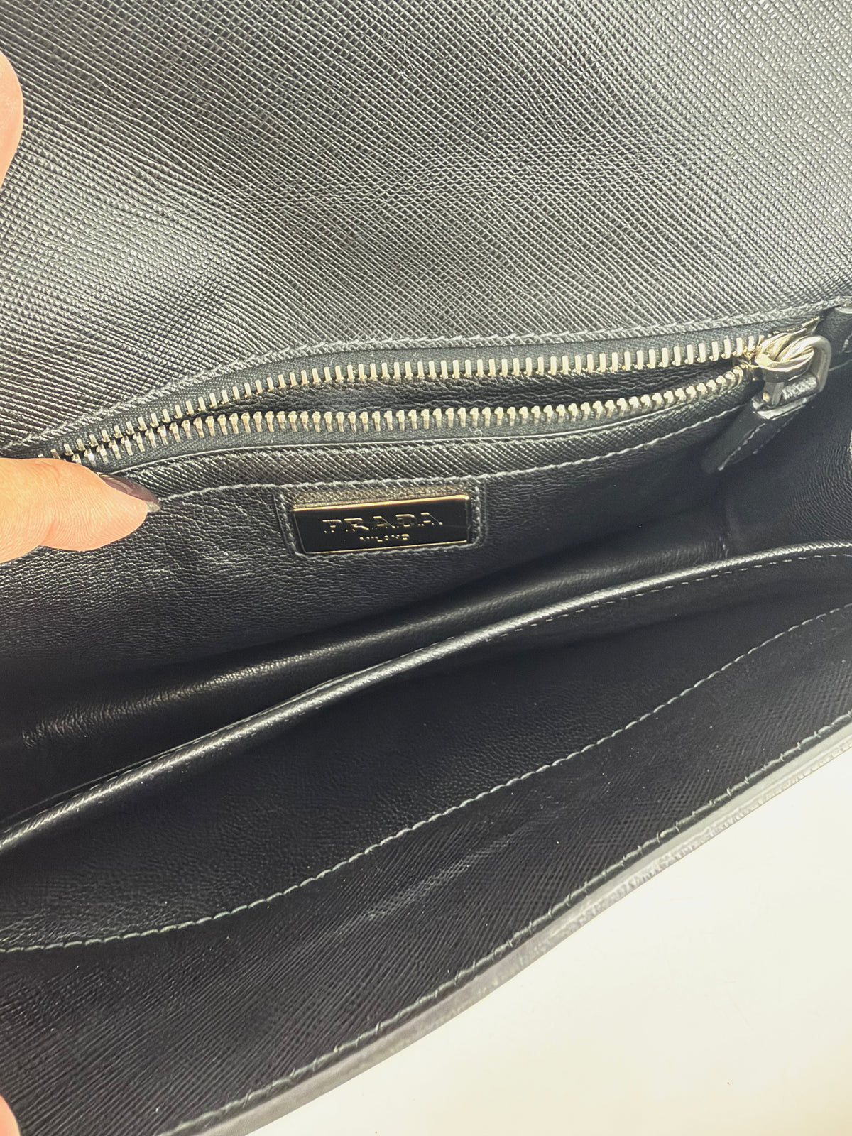 Prada Saffiano Bicolor Navy and Black Flap Clutch Silver Push Lock