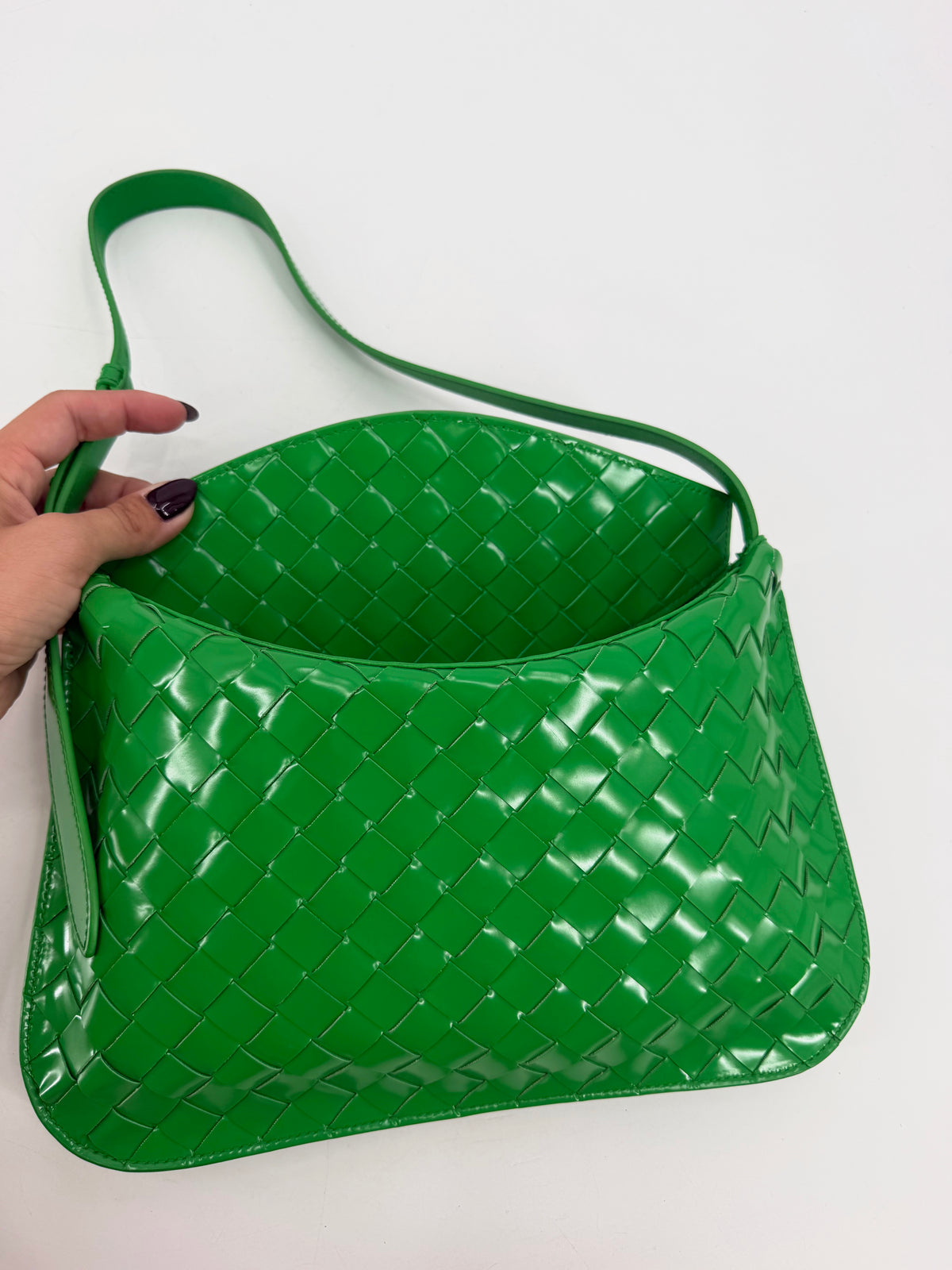 Bottega Veneta Intrecciato Green Patent Woven Shoulder Bag