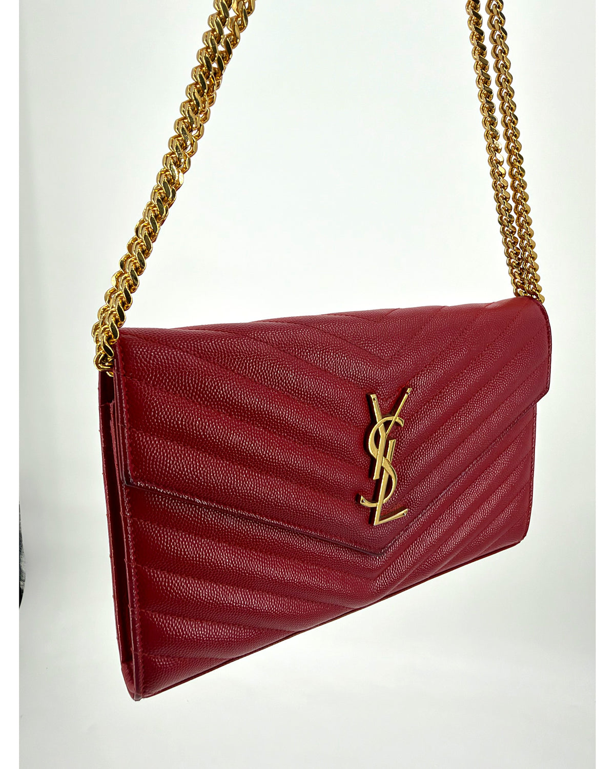 Saint Laurent YSL Matelasse Chevron Red Leather Chain Wallet