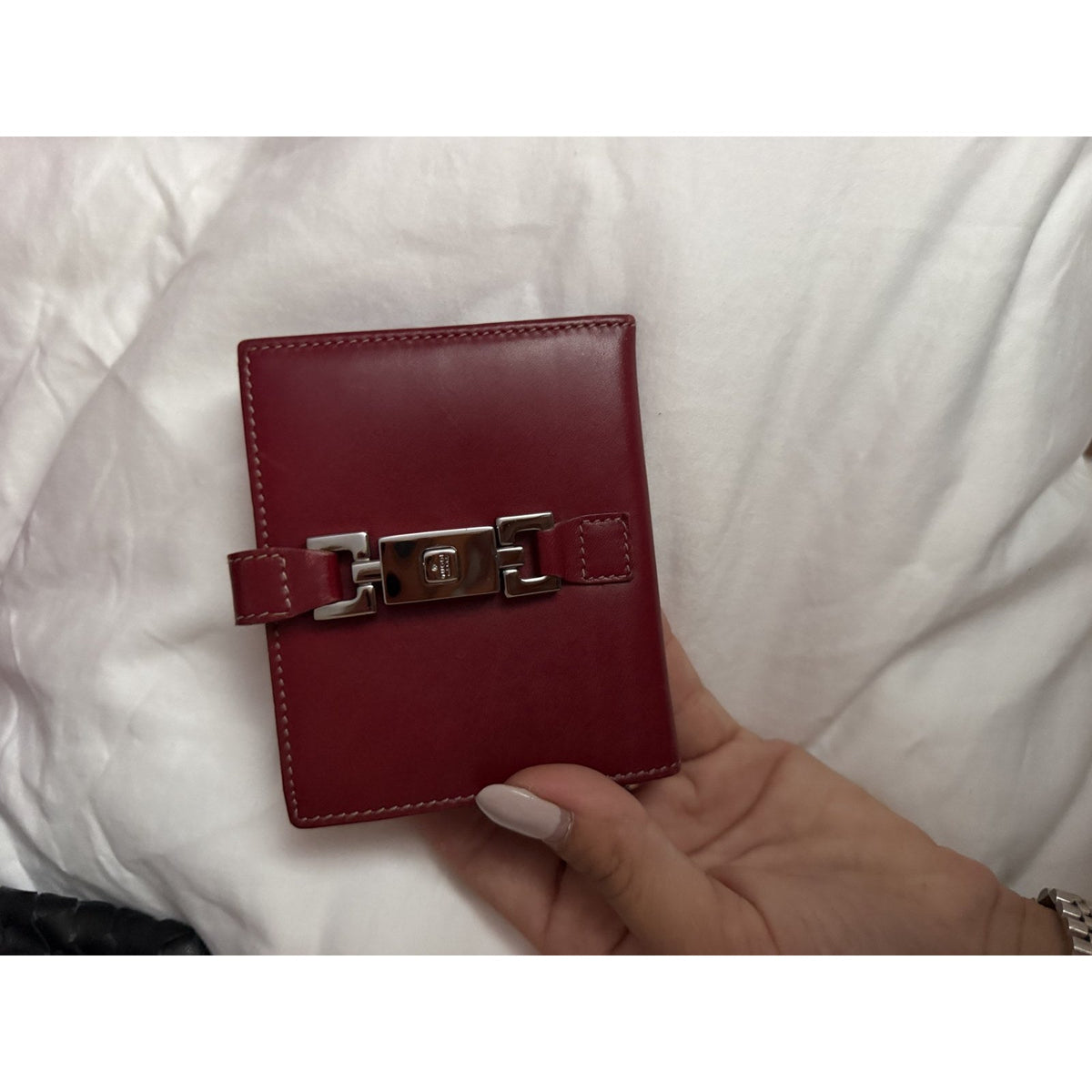 Burgundy Leather Card Case Wallet Silver Buckle Clasp