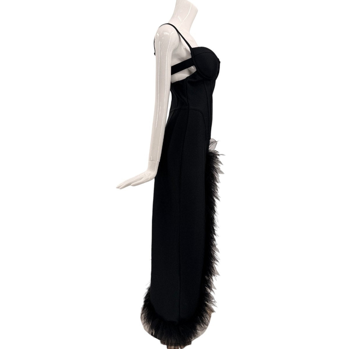 Fashion Nova Black Feather Trim Side Slit Bodycon Maxi Dress Women's Size Large