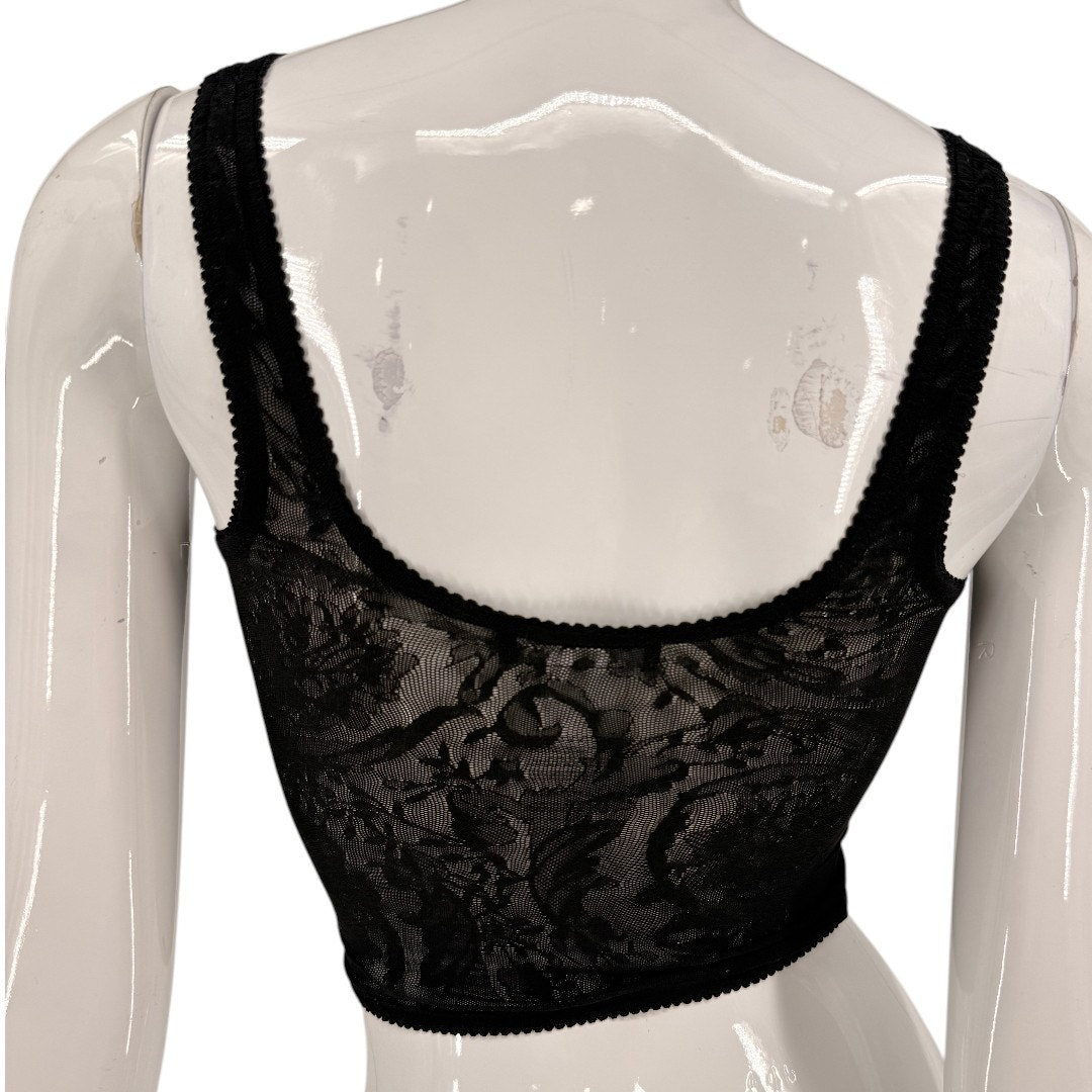 Versace Black Baroque Jacquard Tulle Sheer Cropped Tank Top