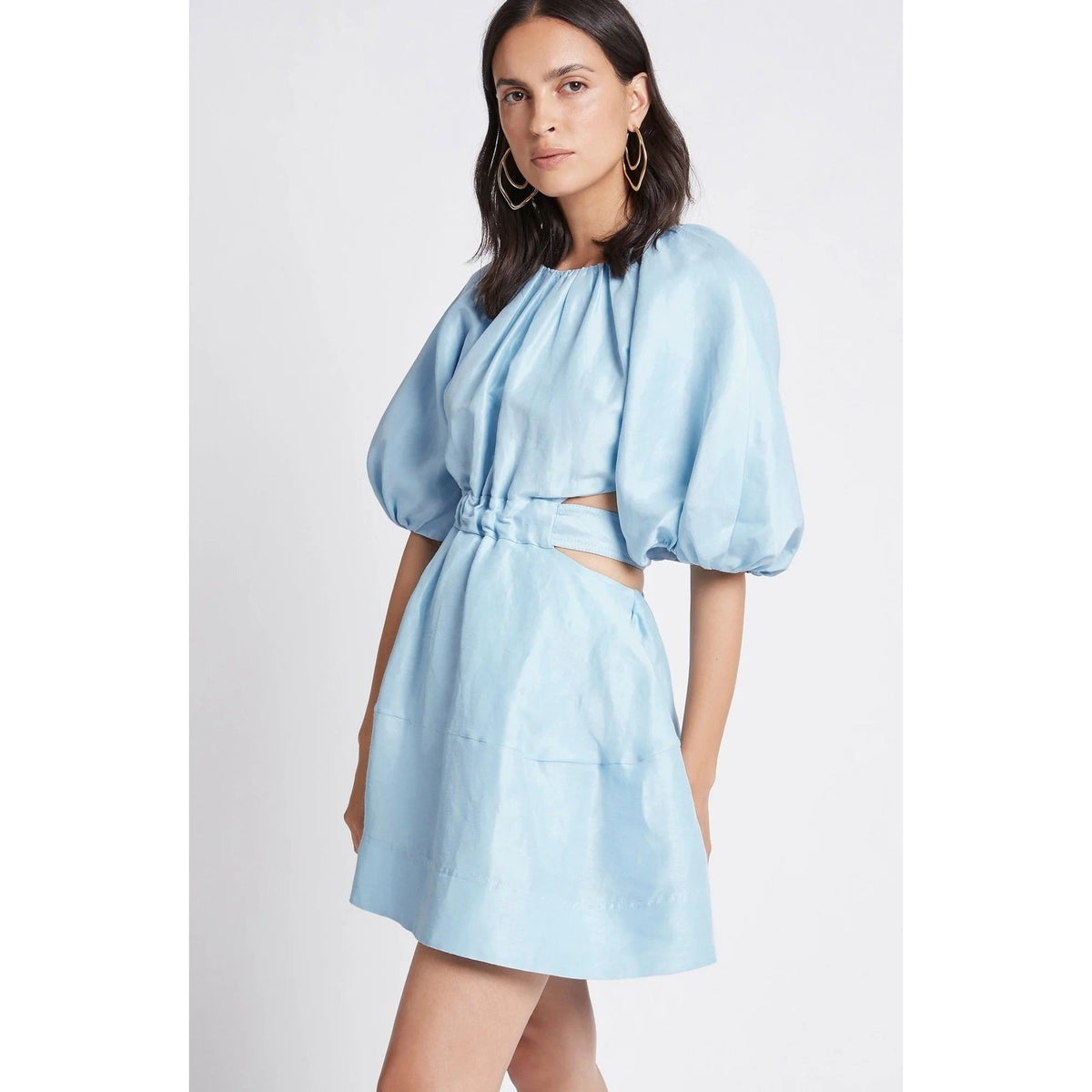 AJE Psychedelia Light Blue Puff Sleeve Cut-Out Pleated A-Line Mini Dress Size 8