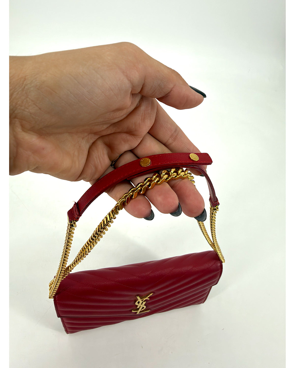 Saint Laurent YSL Matelasse Chevron Red Leather Chain Wallet