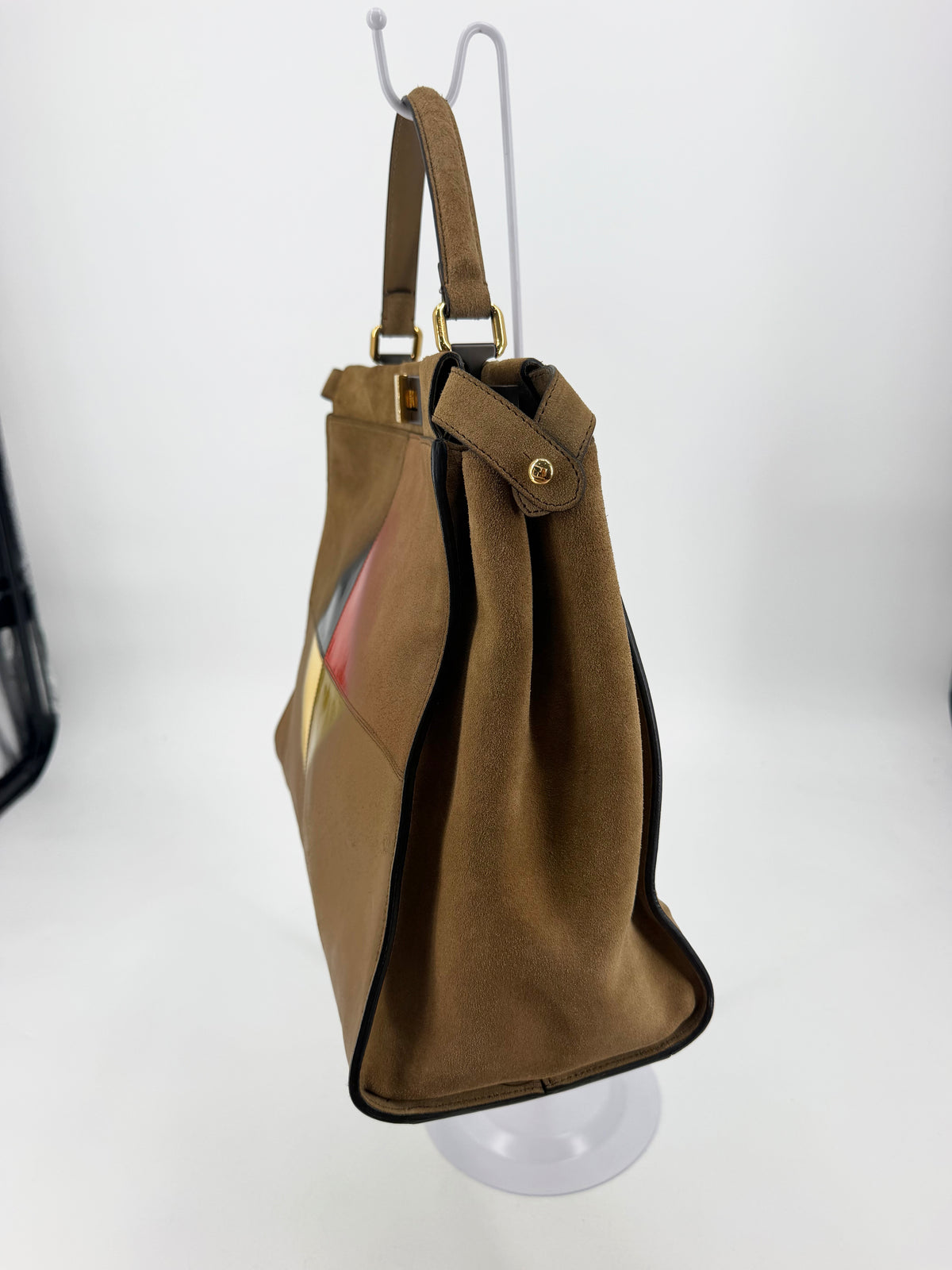 Fendi Peekaboo Large Suede Tan Geometric Color Block Silk Twill