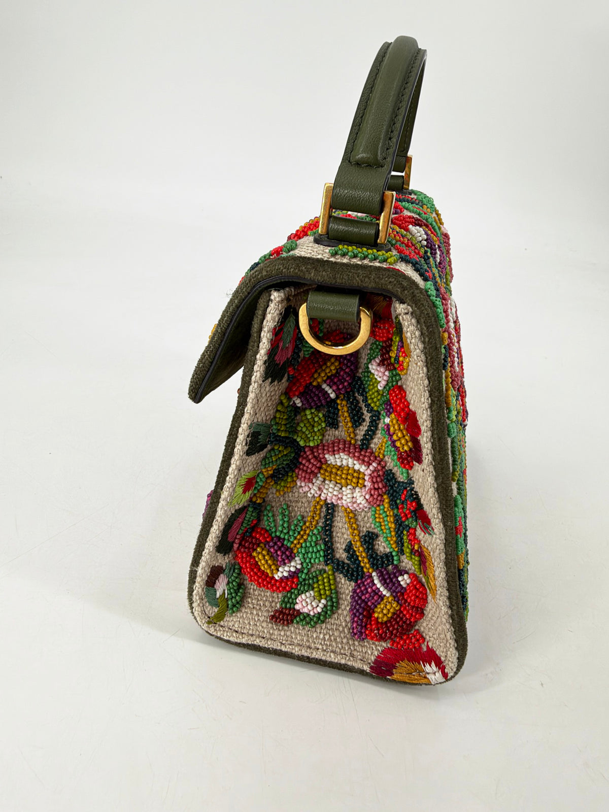 Valentino Garavani Mini VSling Floral Beaded Top Handle Bag Olive VLogo Jewel NEW