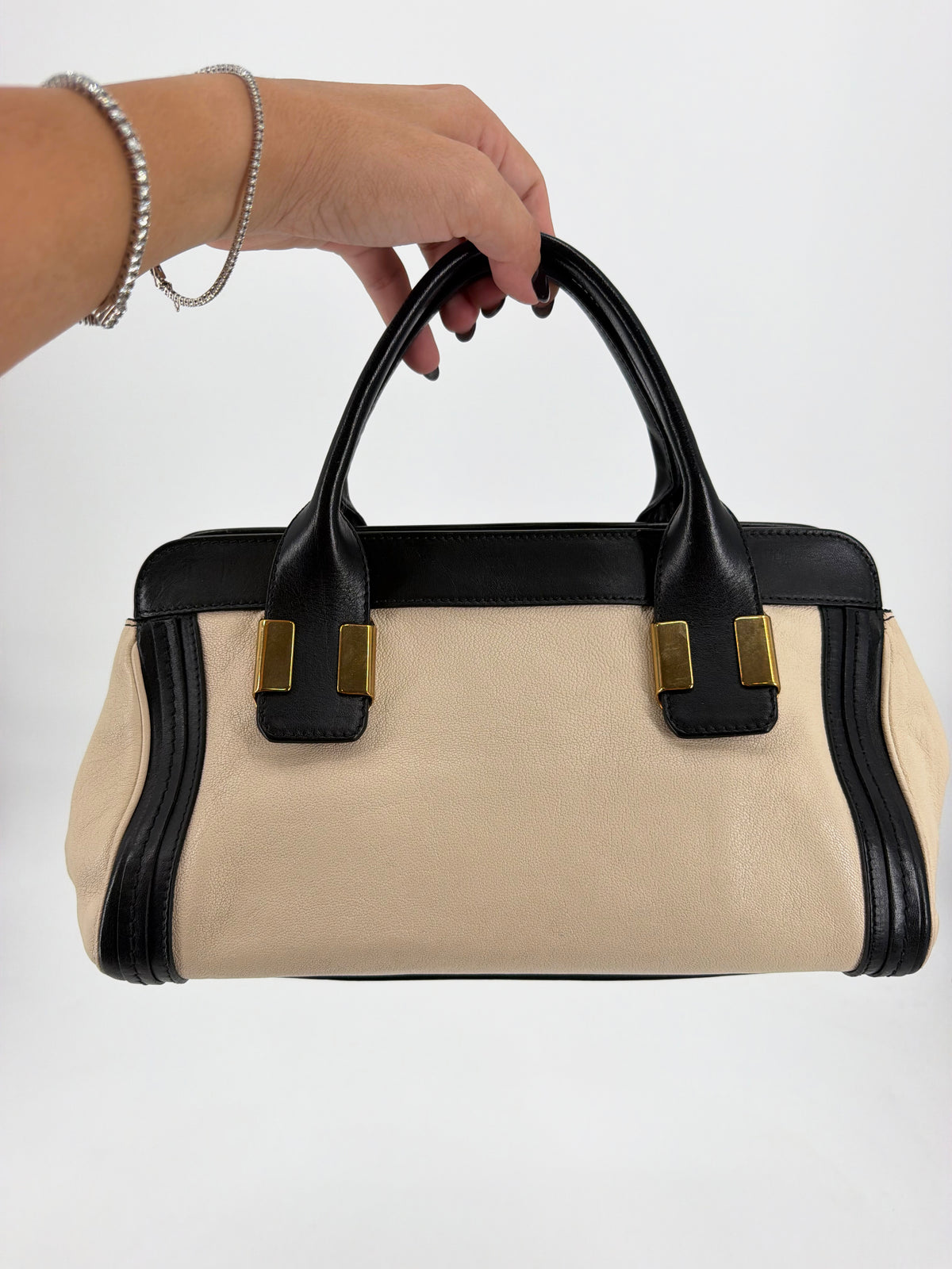 Chloe Alice Satchel Black Off-White Pebbled Leather Gold