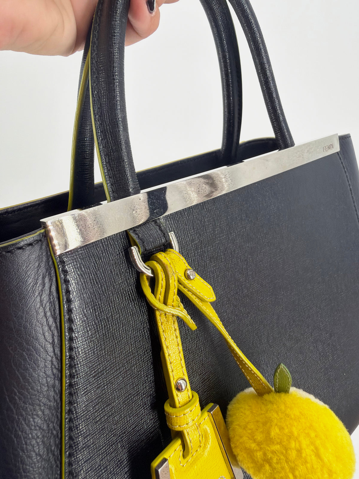Fendi 2Jours Petite Black Leather Tote Yellow Edge Pom Charm