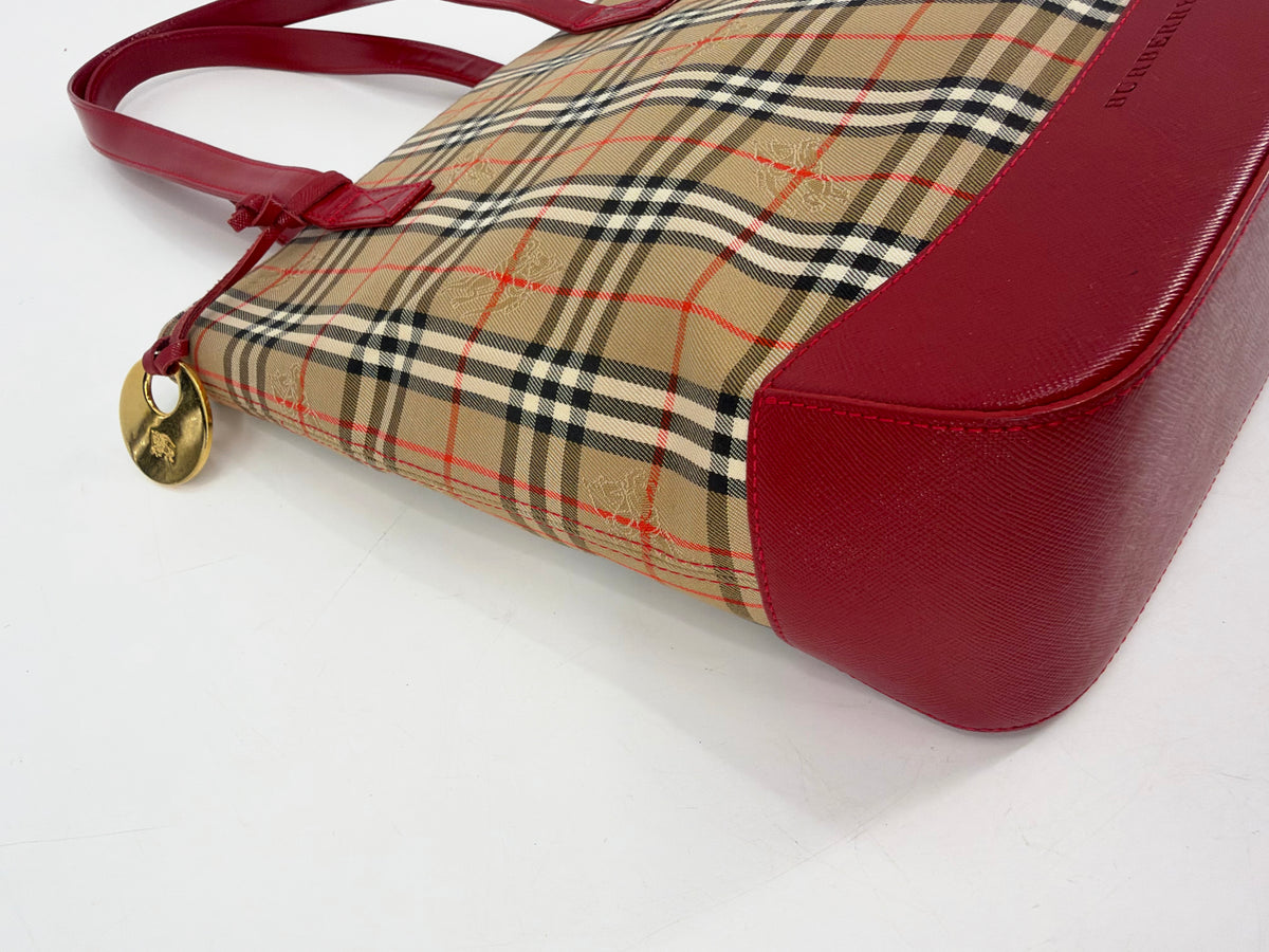 Burberry Nova Check Canvas Red Leather Tote Bag