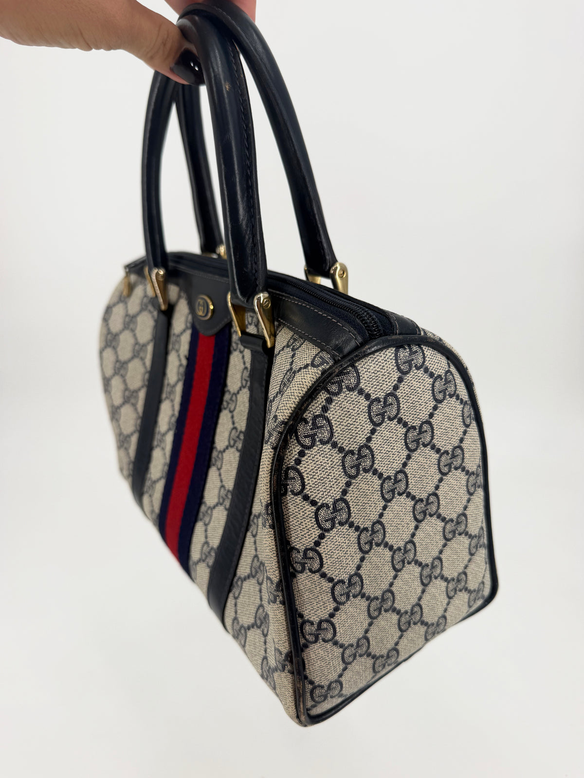 Gucci Vintage GG Supreme Web Stripe Boston Bag Navy Blue Red