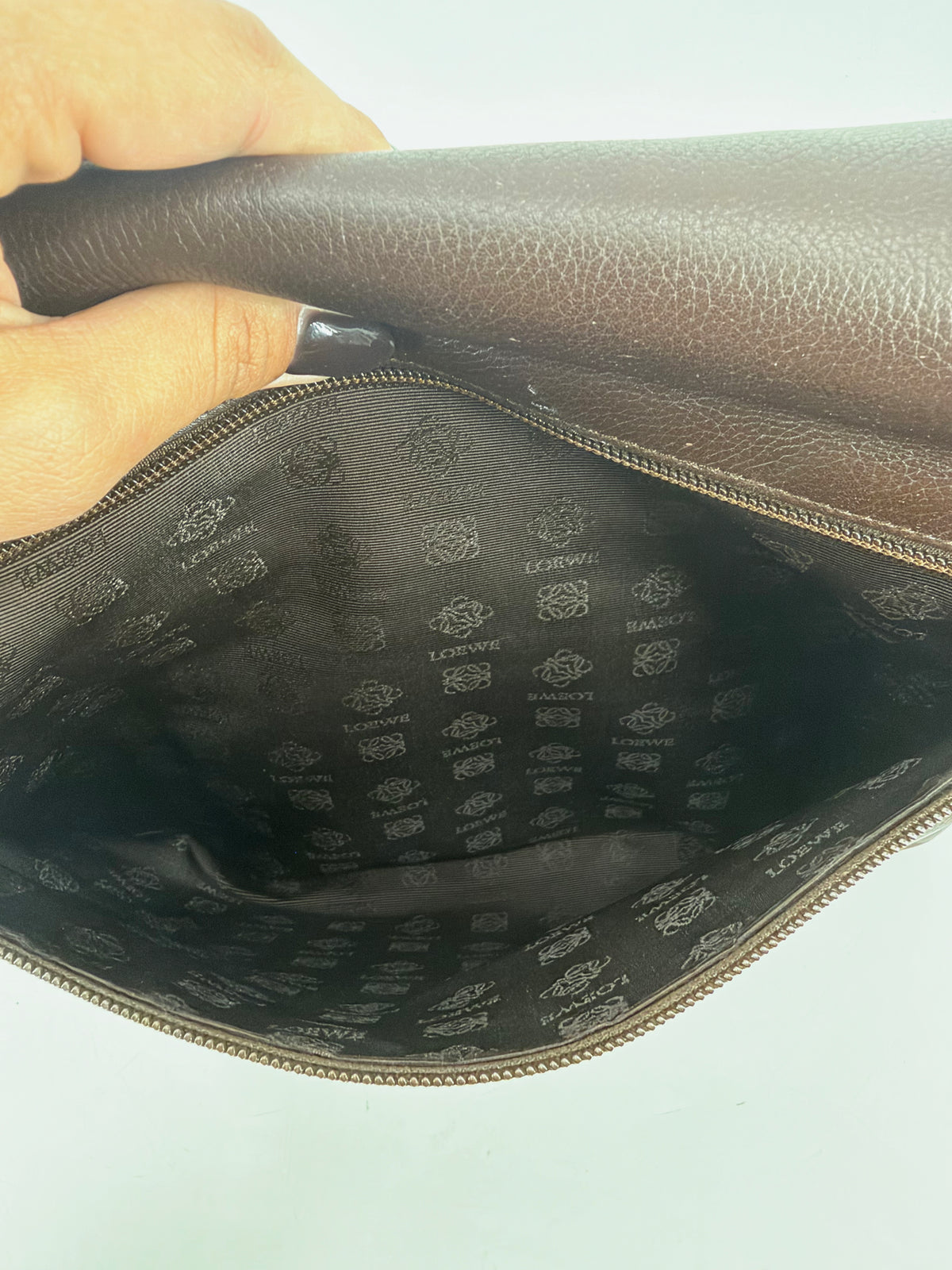 Loewe Vintage Dark Brown Leather Fold-Over Shoulder Bag Gold Plaque