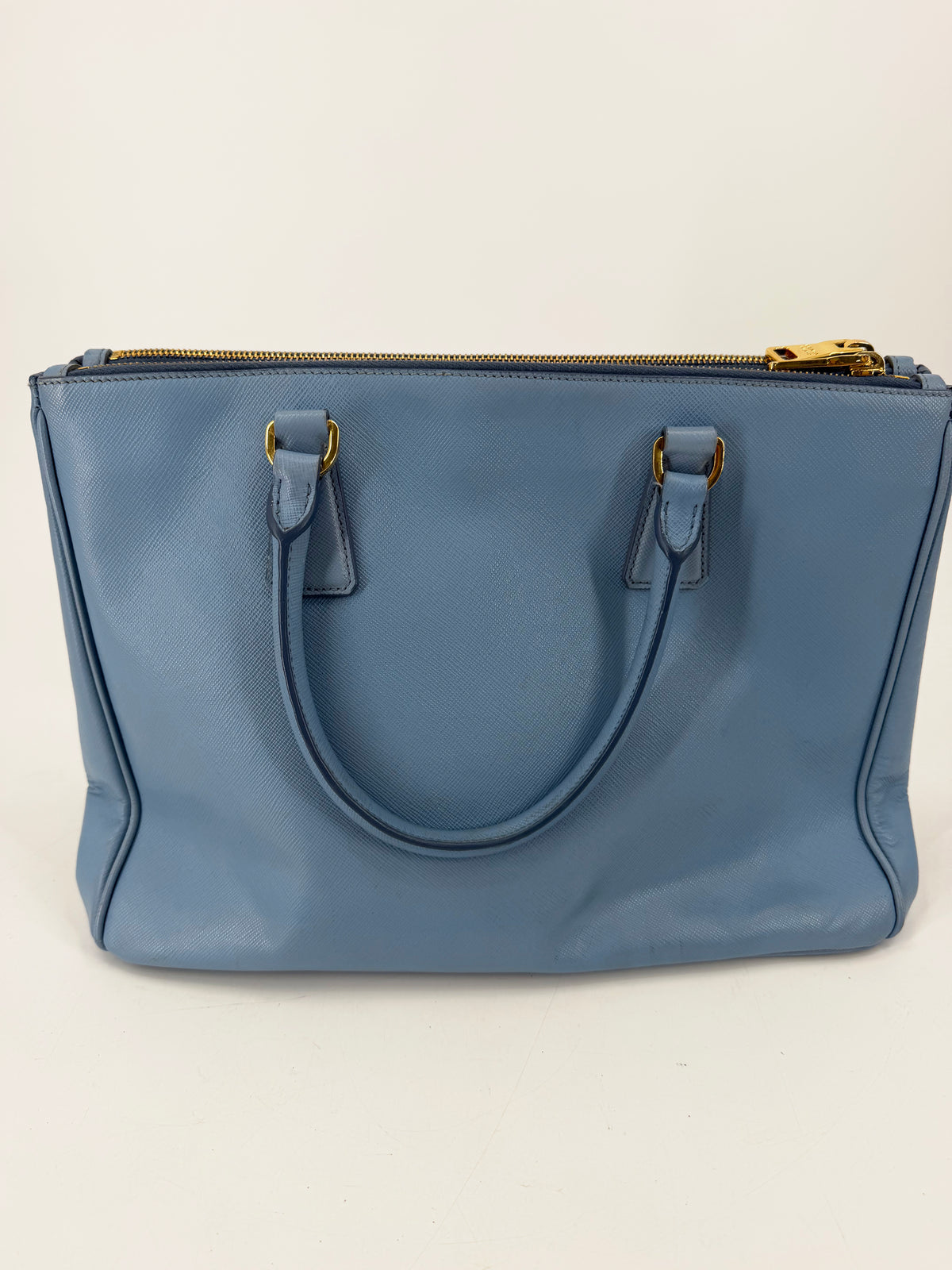 Prada Galleria Saffiano Lux Medium Double Zip Tote Periwinkle Blue Gold Hardware