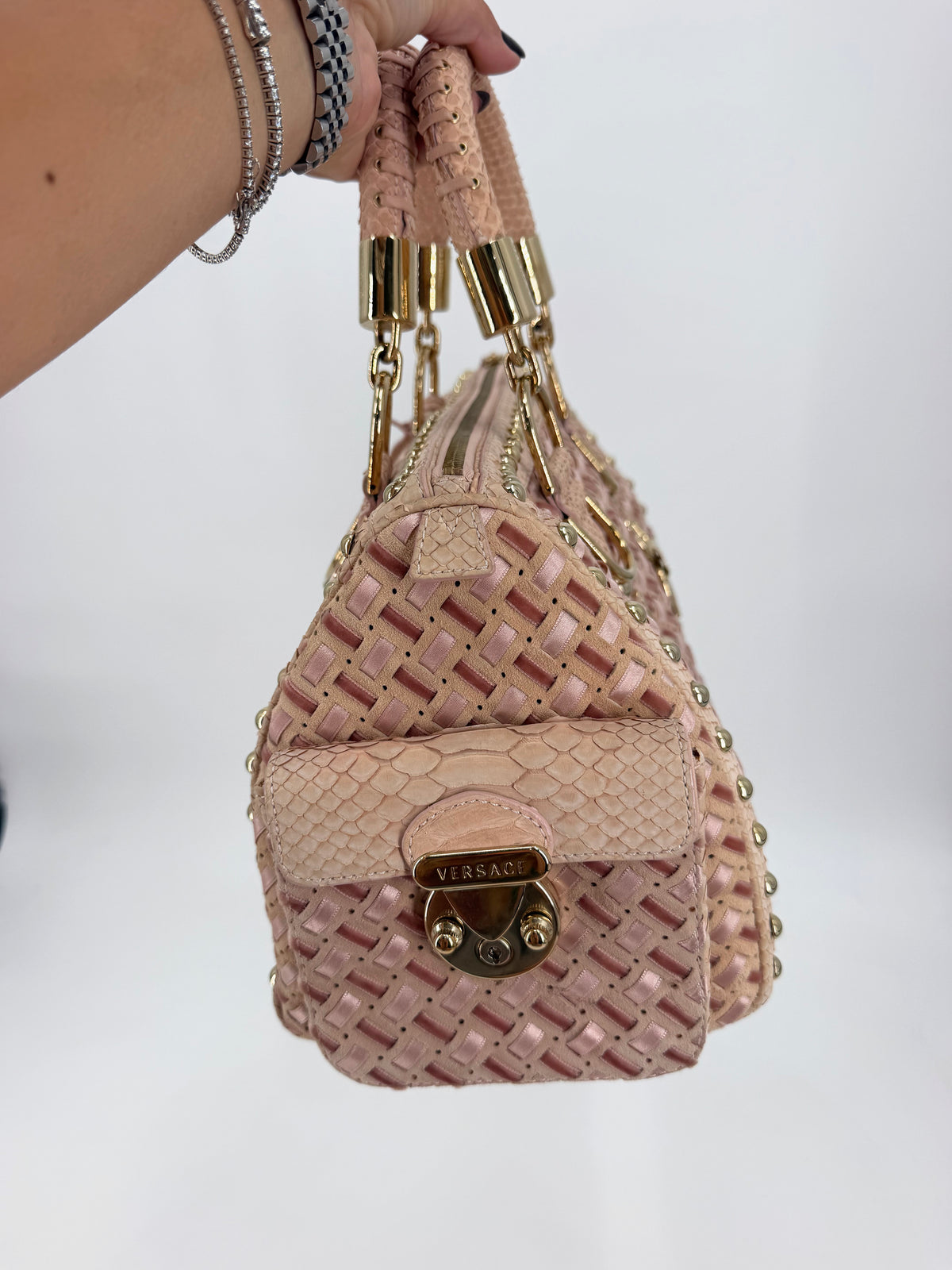 Versace Pink Woven Leather Studded Boston Satchel Python-Effect Trim Gold Logo Plaque