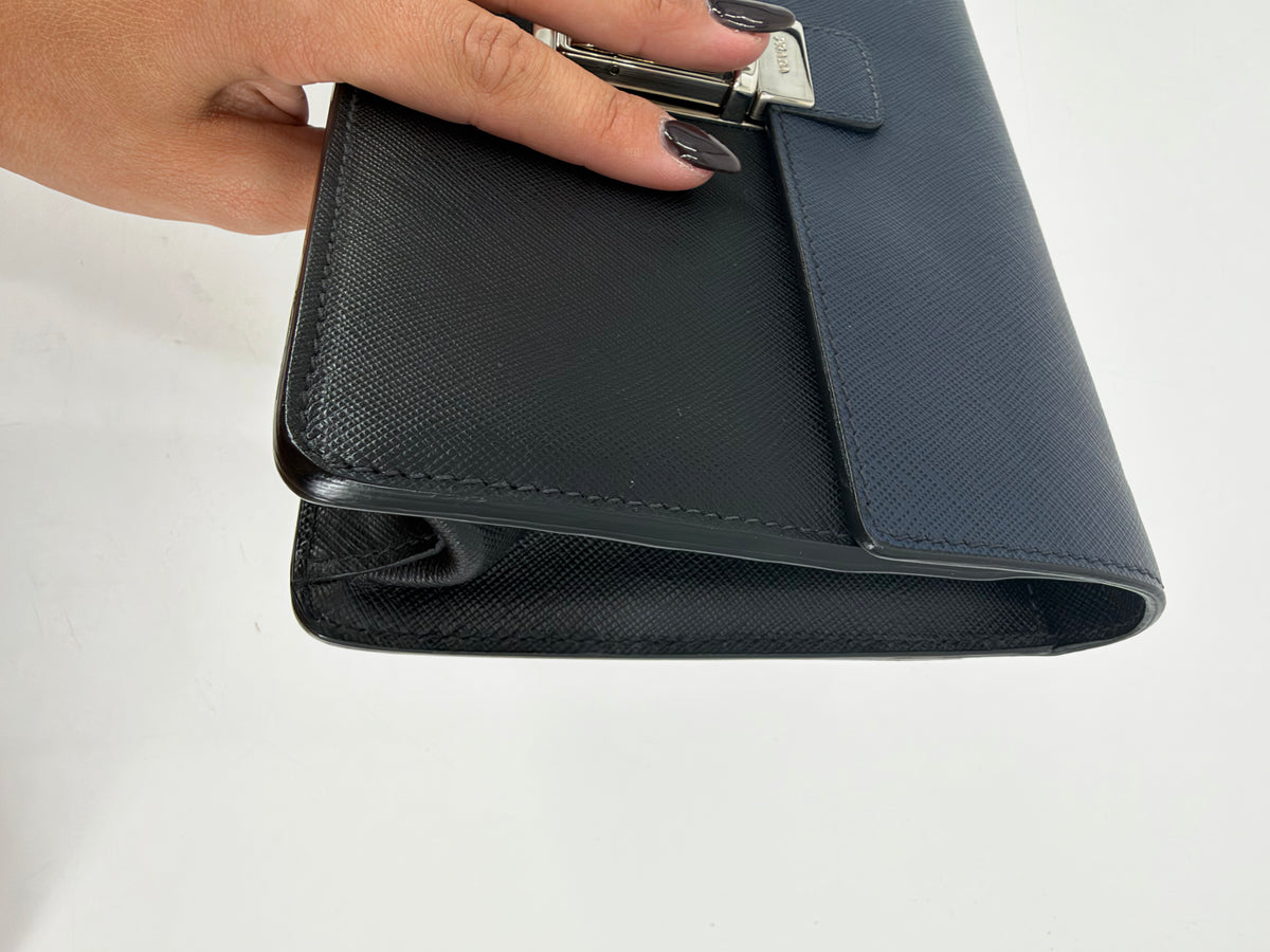 Prada Saffiano Bicolor Navy and Black Flap Clutch Silver Push Lock