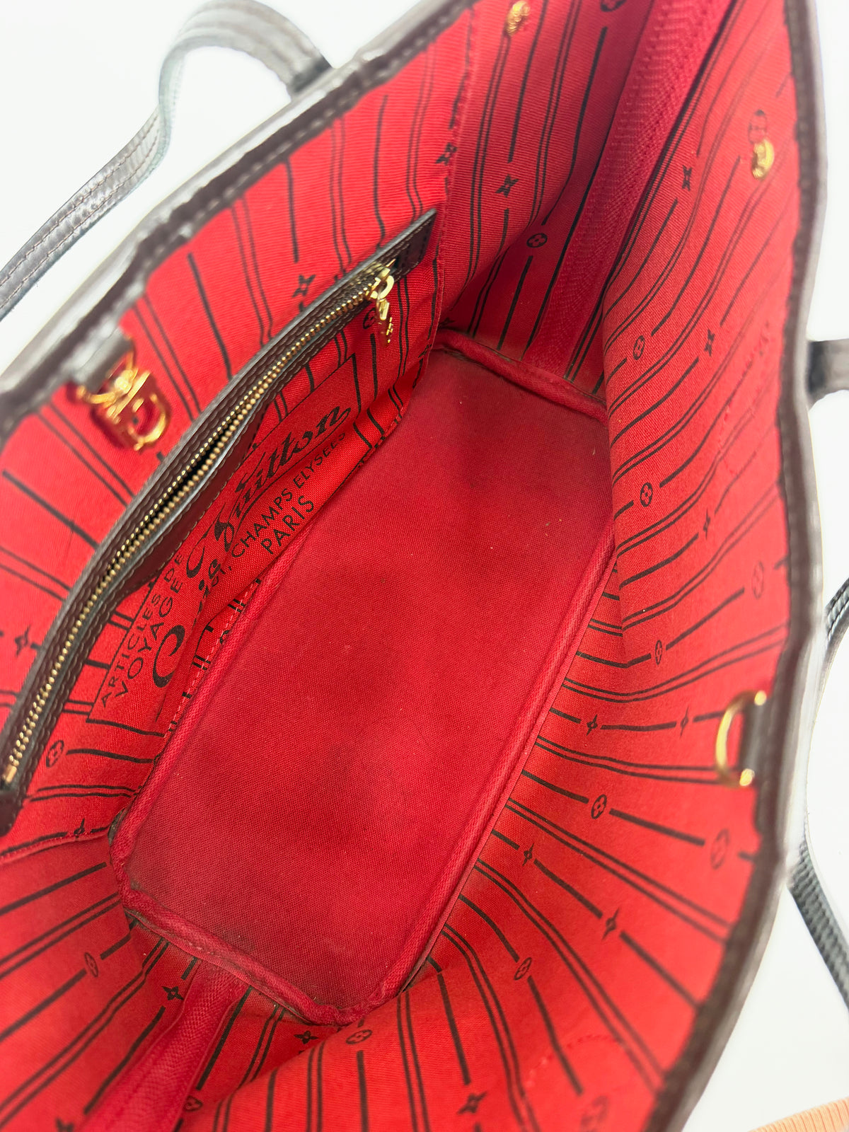 Louis Vuitton Damier Ebene Neverfull PM Tote Red Interior