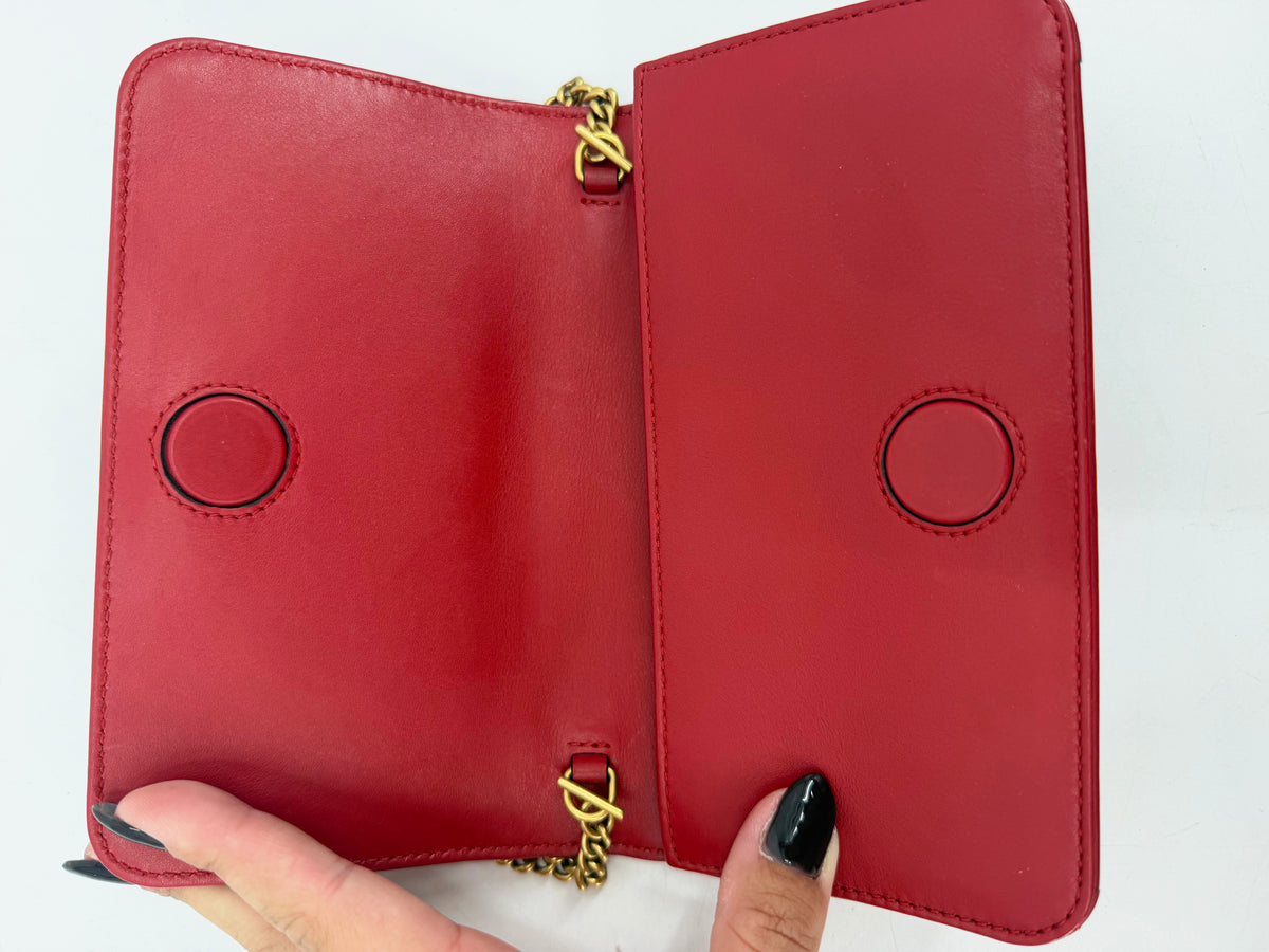Gucci GG Marmont Matelasse Red Leather Chain Wallet Gold GG