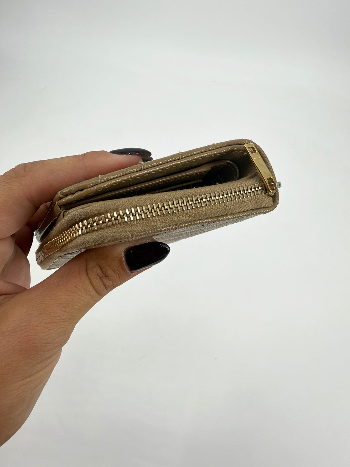 Saint Laurent YSL Monogram Grain de Poudre Compact Wallet Tan Gold Hardware
