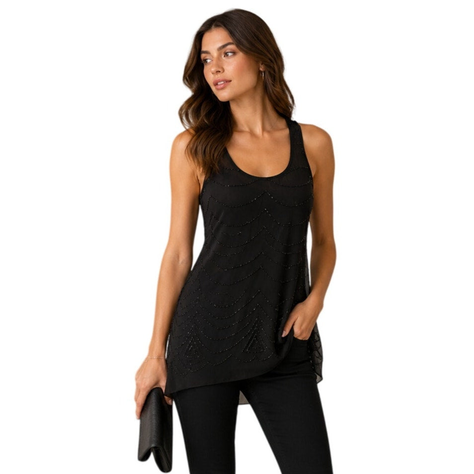 Parker Beaded Racerback Tank Top Black Embellished Women's XS NWT