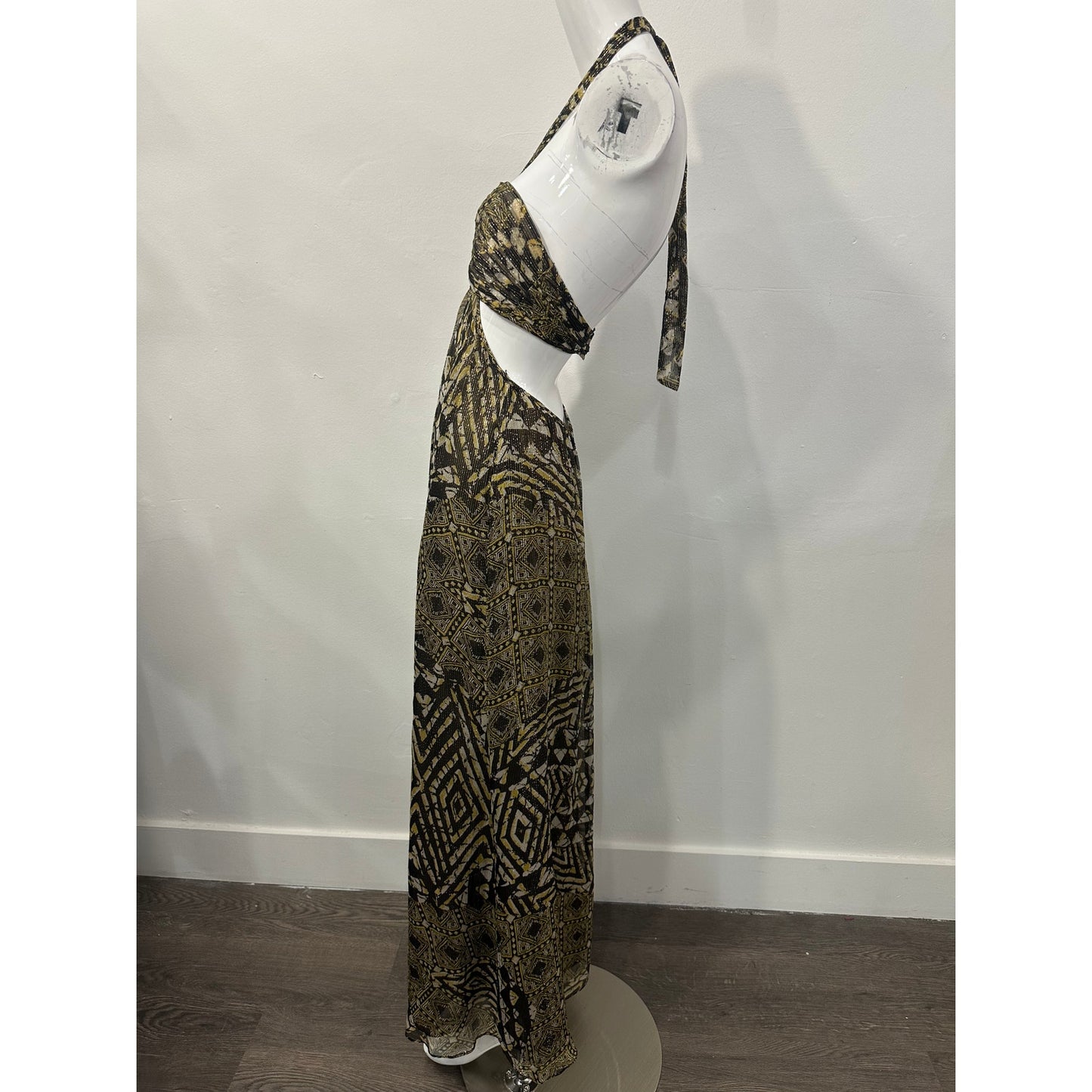 BCBGMAXAZRIA Silk Blend Printed Rhinestone Accent Halter Maxi Dress Green Size 0