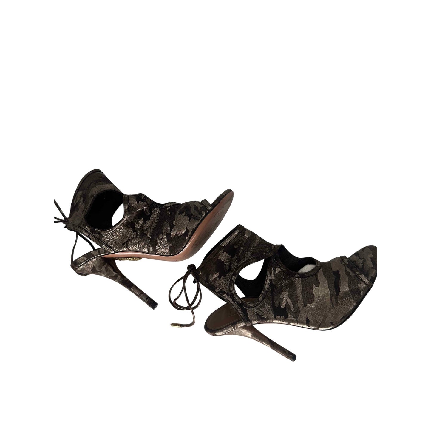 Aquazzura Sexy Thing 105 Metallic Camouflage Suede Cutout Sandal Women's Size 35