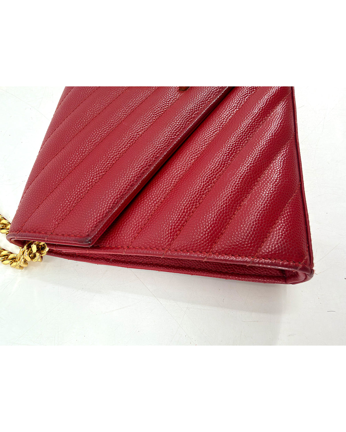 Saint Laurent YSL Matelasse Chevron Red Leather Chain Wallet
