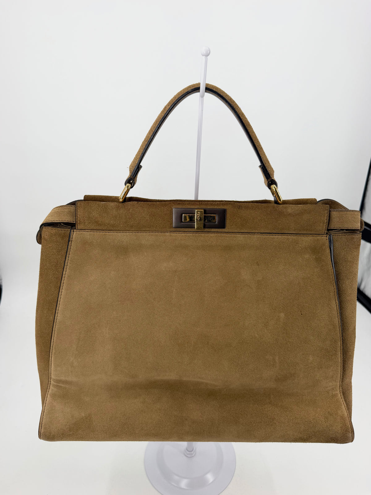 Fendi Peekaboo Large Suede Tan Geometric Color Block Silk Twill