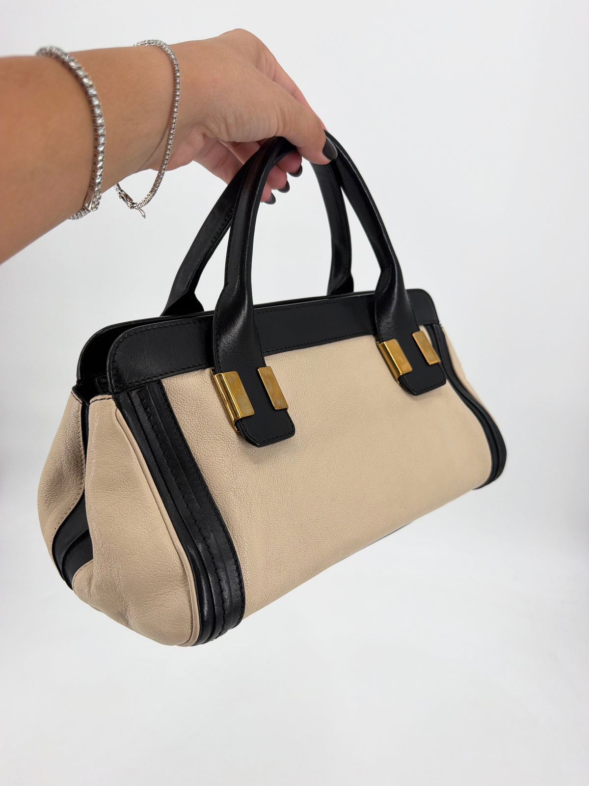 Chloe Alice Satchel Black Off-White Pebbled Leather Gold
