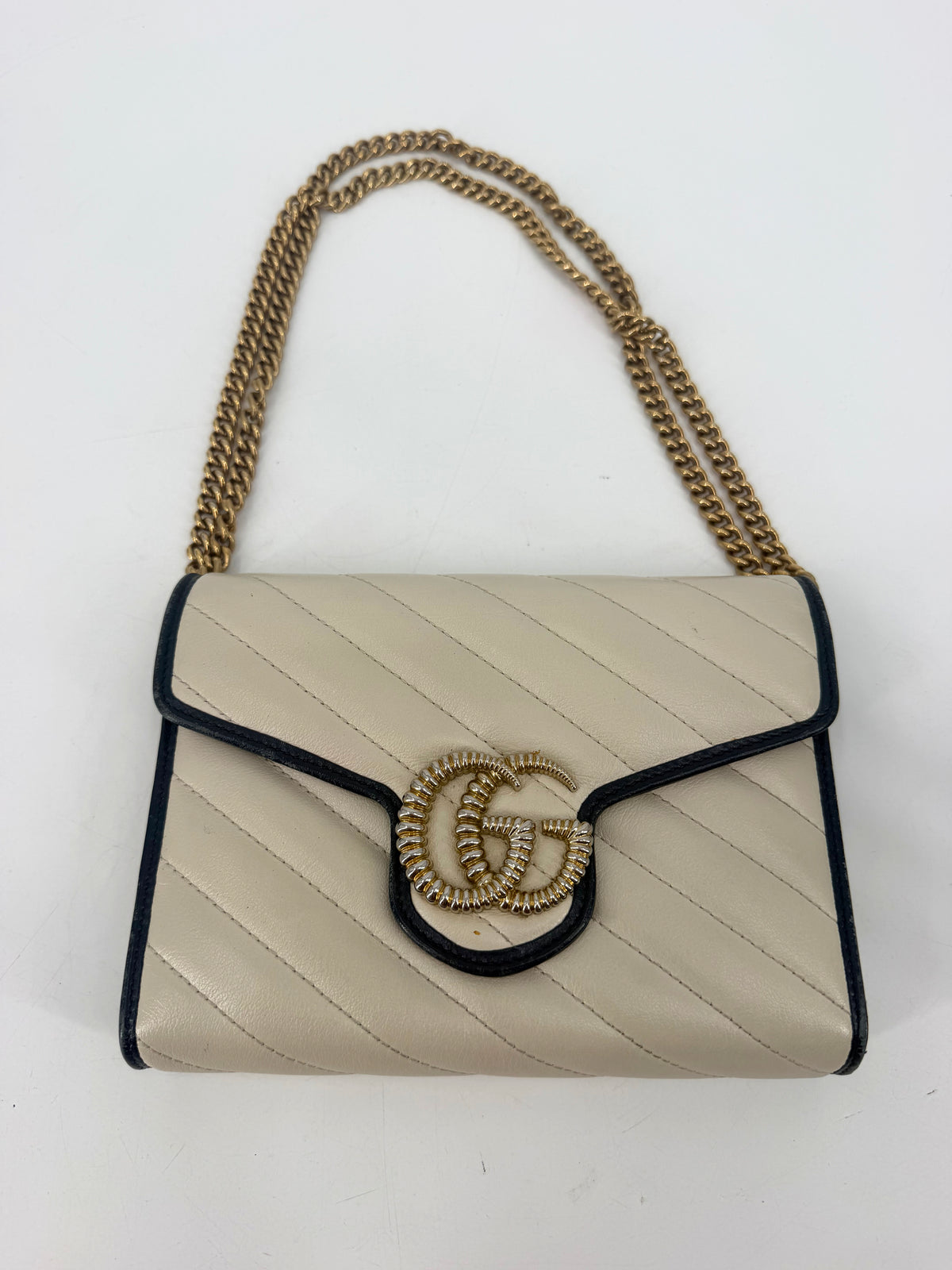 Gucci GG Marmont Torchon White Leather Flap Wallet Navy Trim