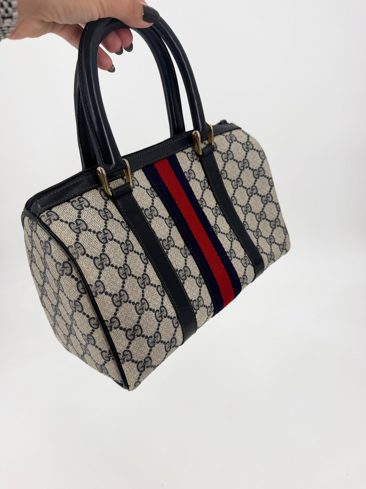 Gucci Vintage GG Supreme Web Stripe Boston Bag Navy Blue Red