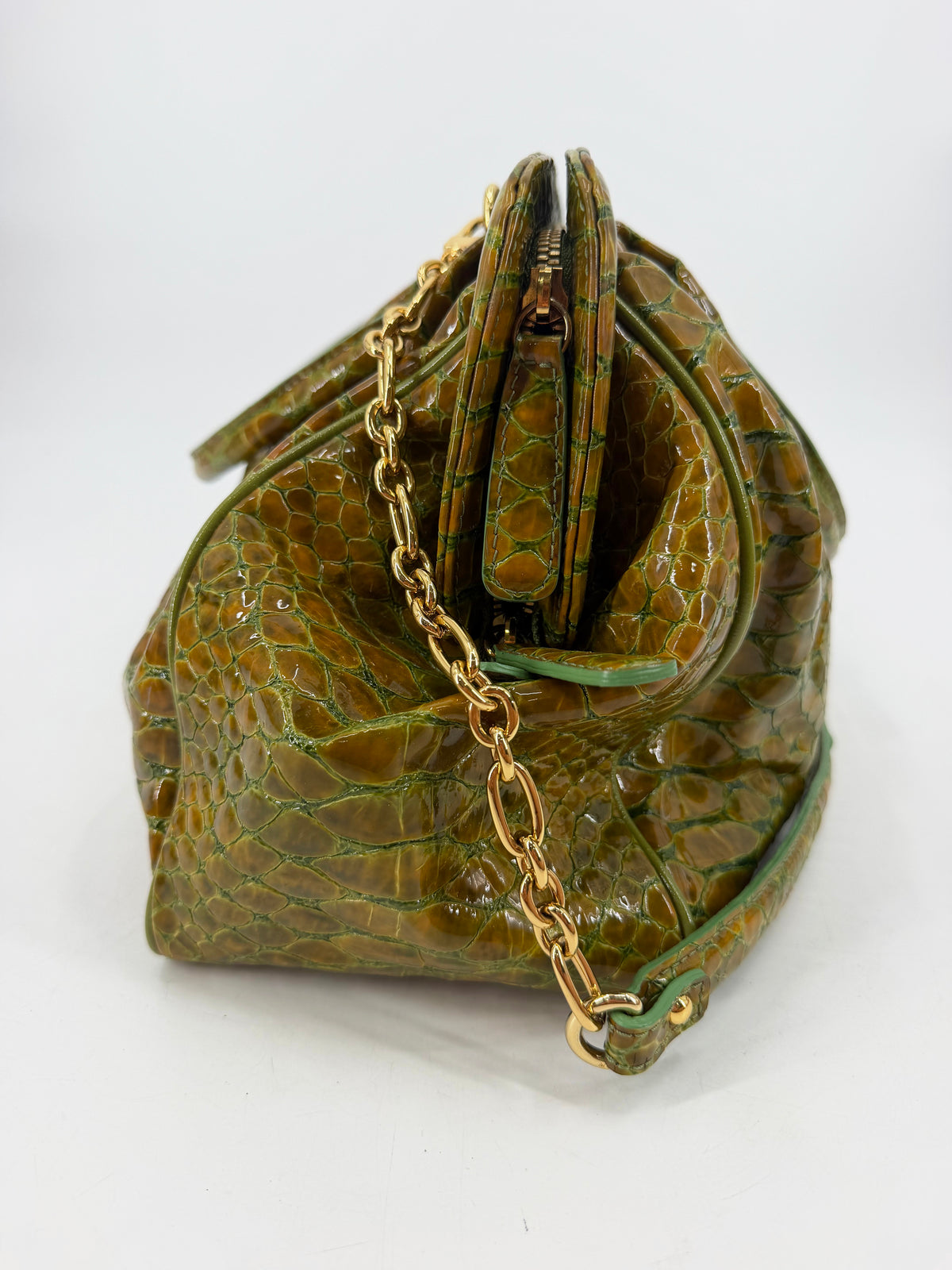 MCM Patent Croc Embossed Leather Top Handle Satchel Olive Green Gold Chain