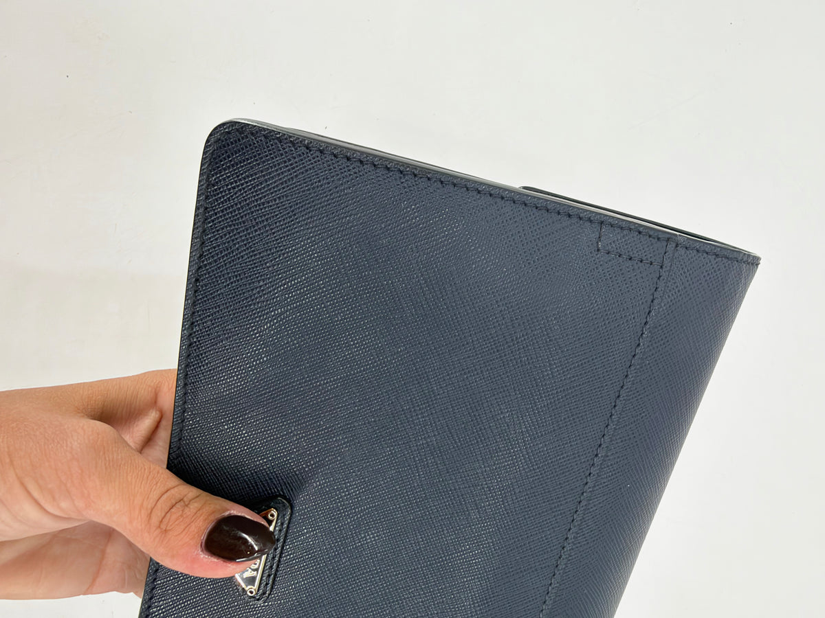 Prada Saffiano Bicolor Navy and Black Flap Clutch Silver Push Lock