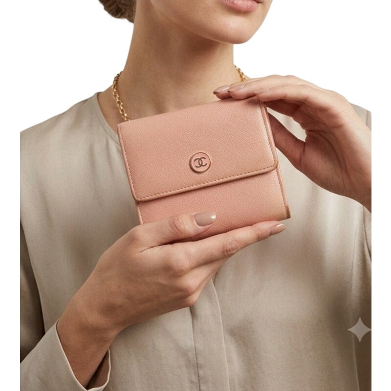 Chanel Blush Pink CC Logo Grained Calfskin Vintage Trifold Women Compact Wallet