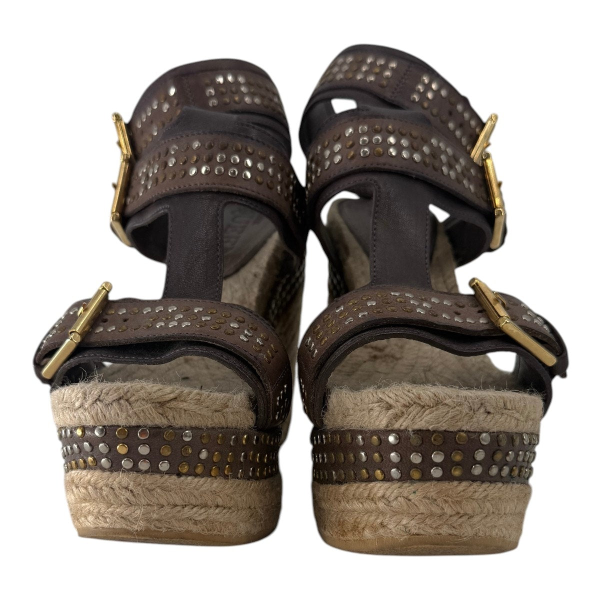 Alexander McQueen Leather Studded Platform Wedge Espadrille Brown Size 37
