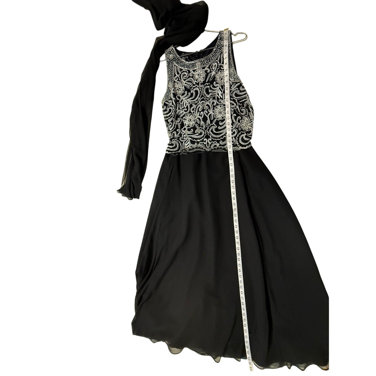 J Kara Black Scallop Beaded Sleeveless A-Line Maxi Dress Sheer Scarf