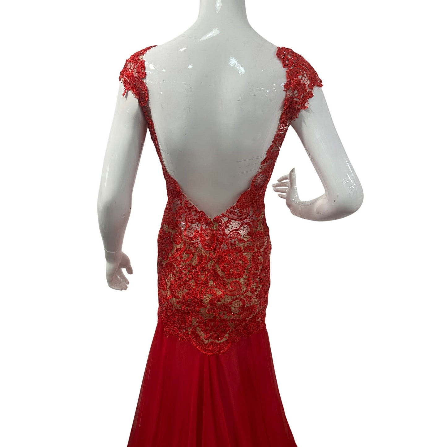 Mac Duggal Floral Lace Illusion Mermaid Evening Gown Red Women's Size 4