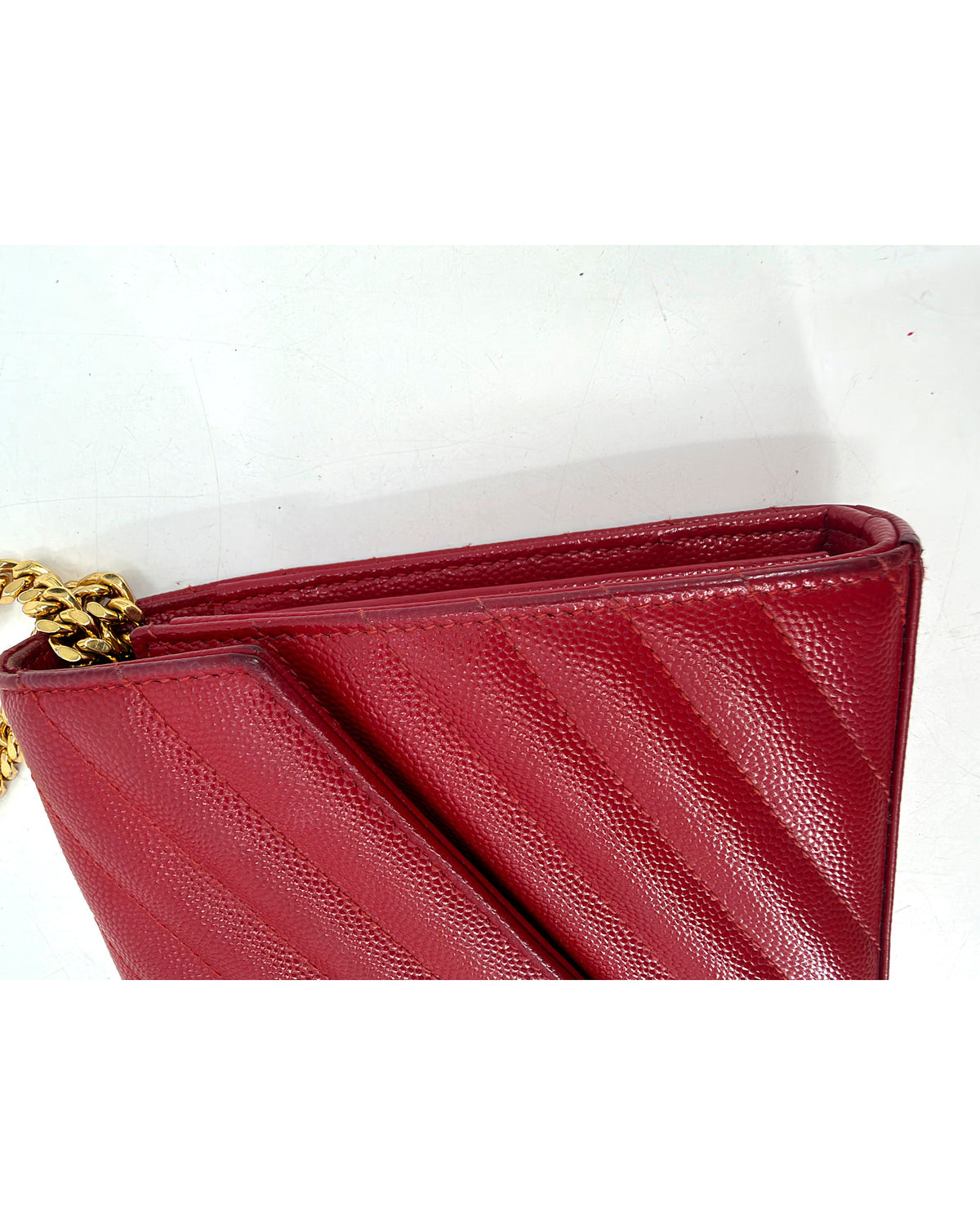 Saint Laurent YSL Matelasse Chevron Red Leather Chain Wallet