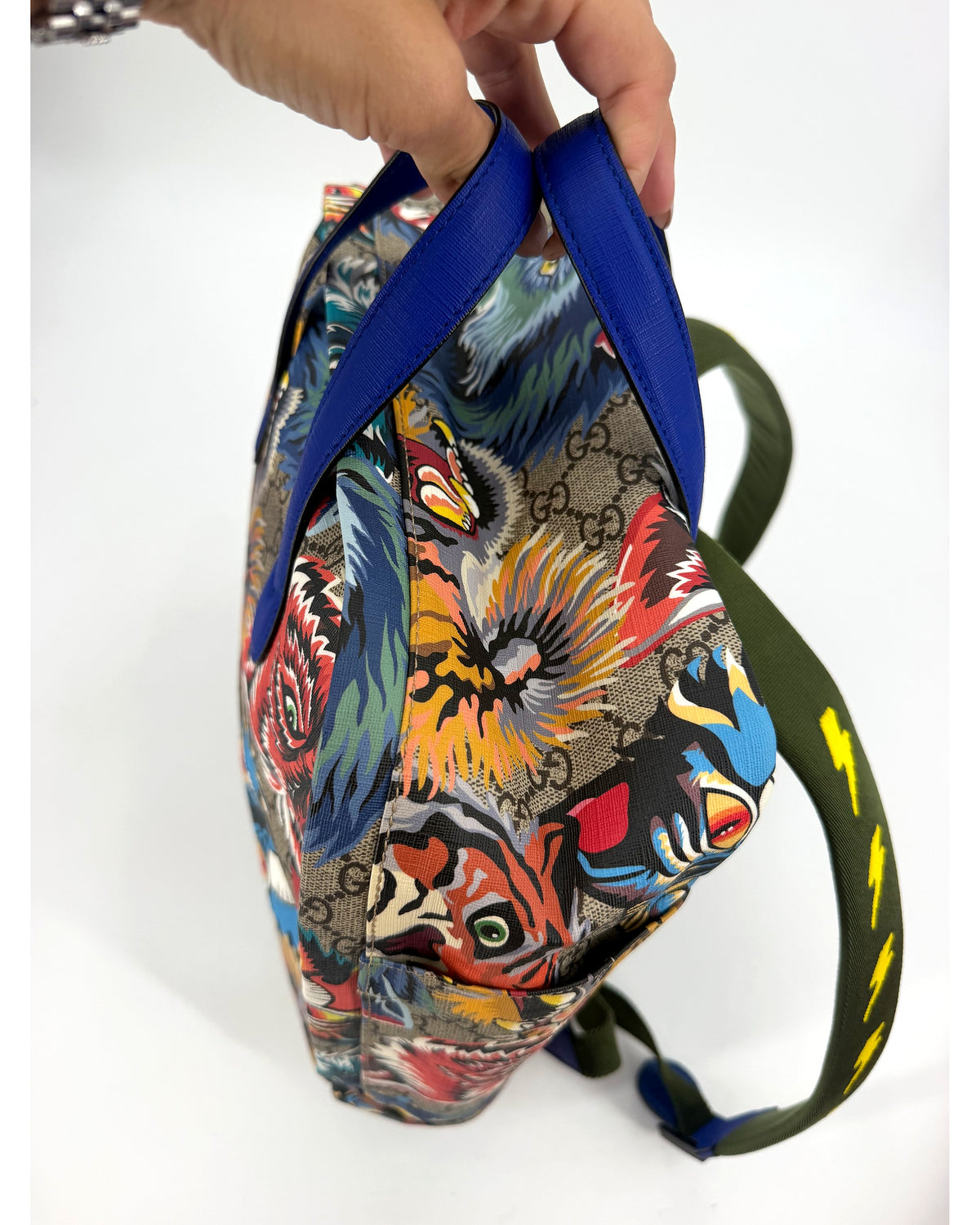 Gucci GG Supreme Tiger Print Backpack Multicolor Blue Trim