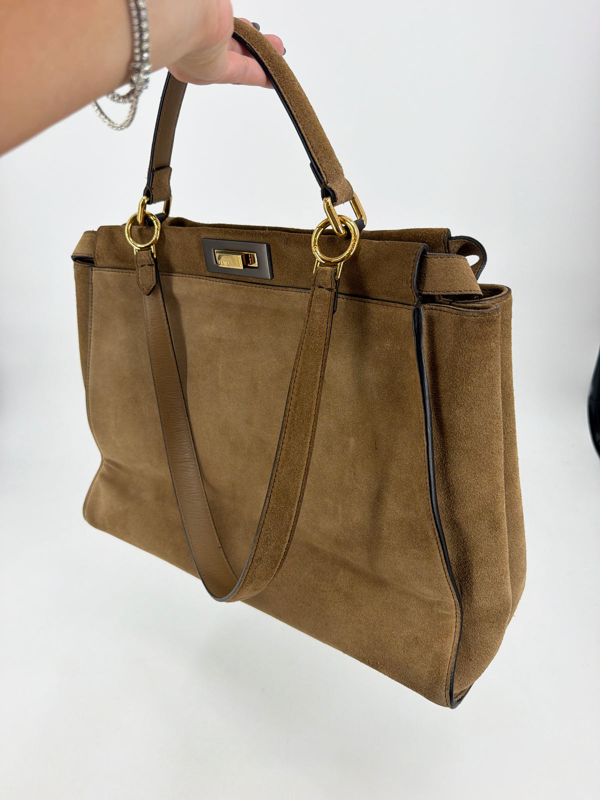 Fendi Peekaboo Large Suede Tan Geometric Color Block Silk Twill
