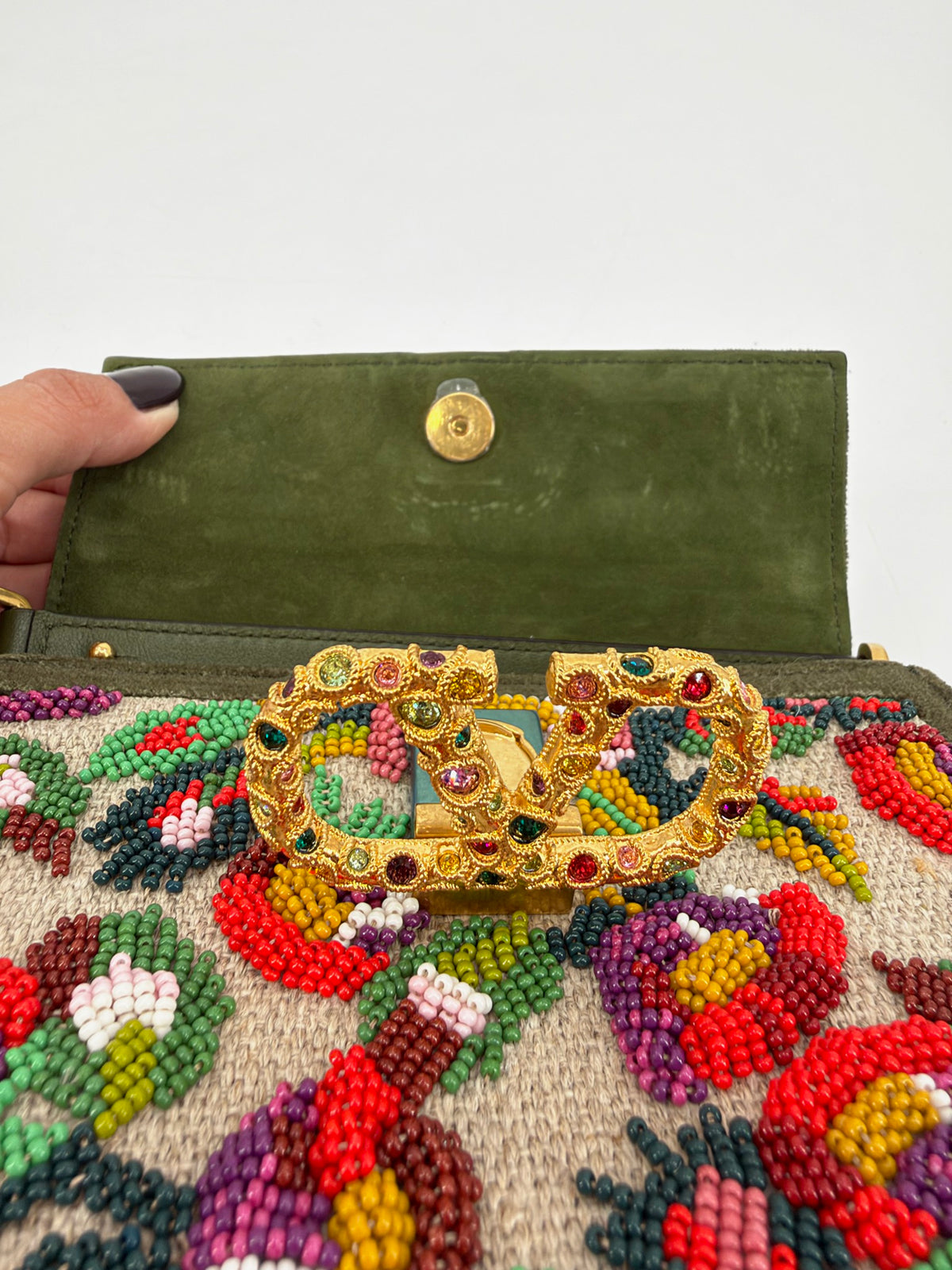 Valentino Garavani Mini VSling Floral Beaded Top Handle Bag Olive VLogo Jewel NEW