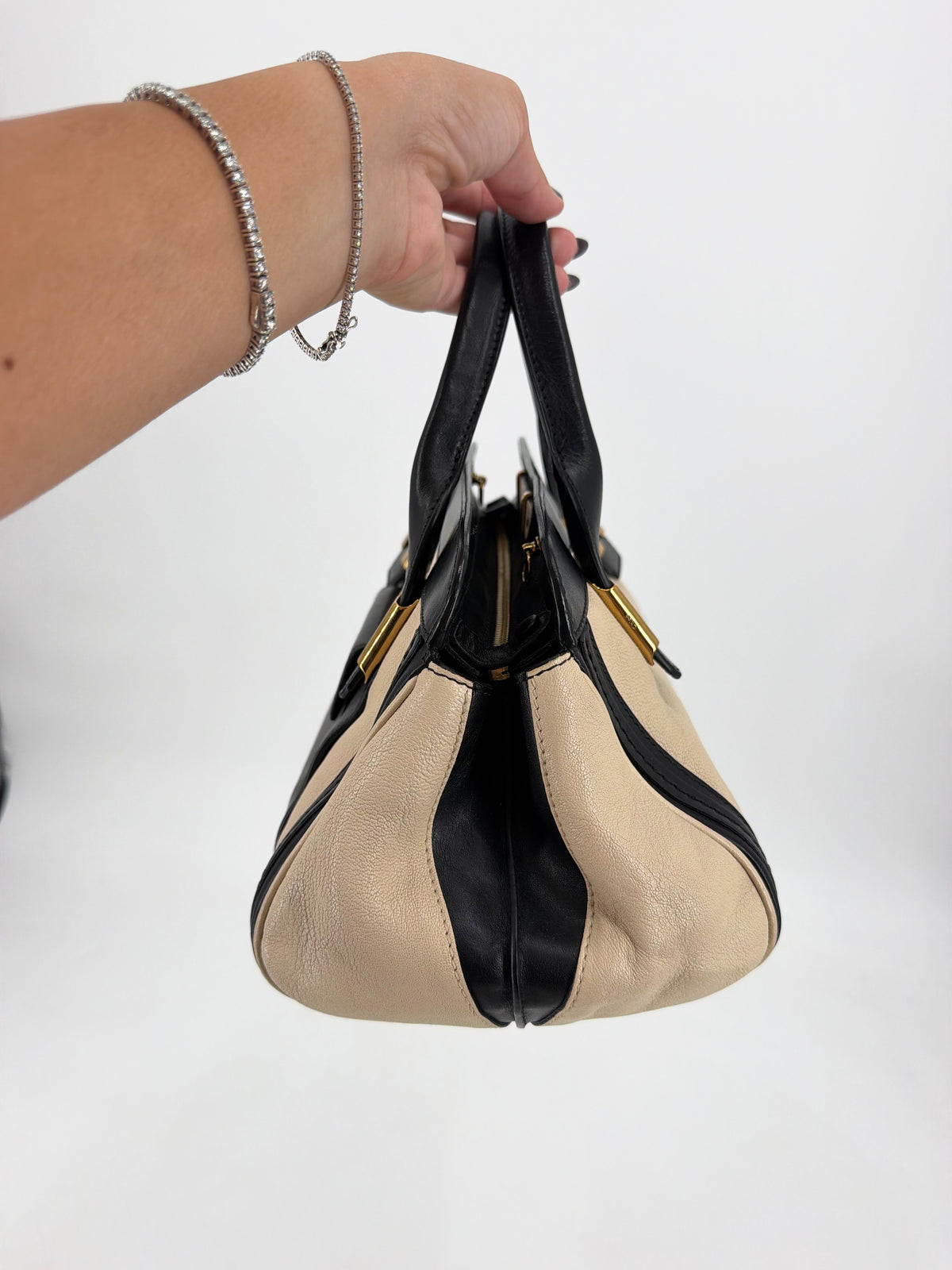 Chloe Alice Satchel Black Off-White Pebbled Leather Gold