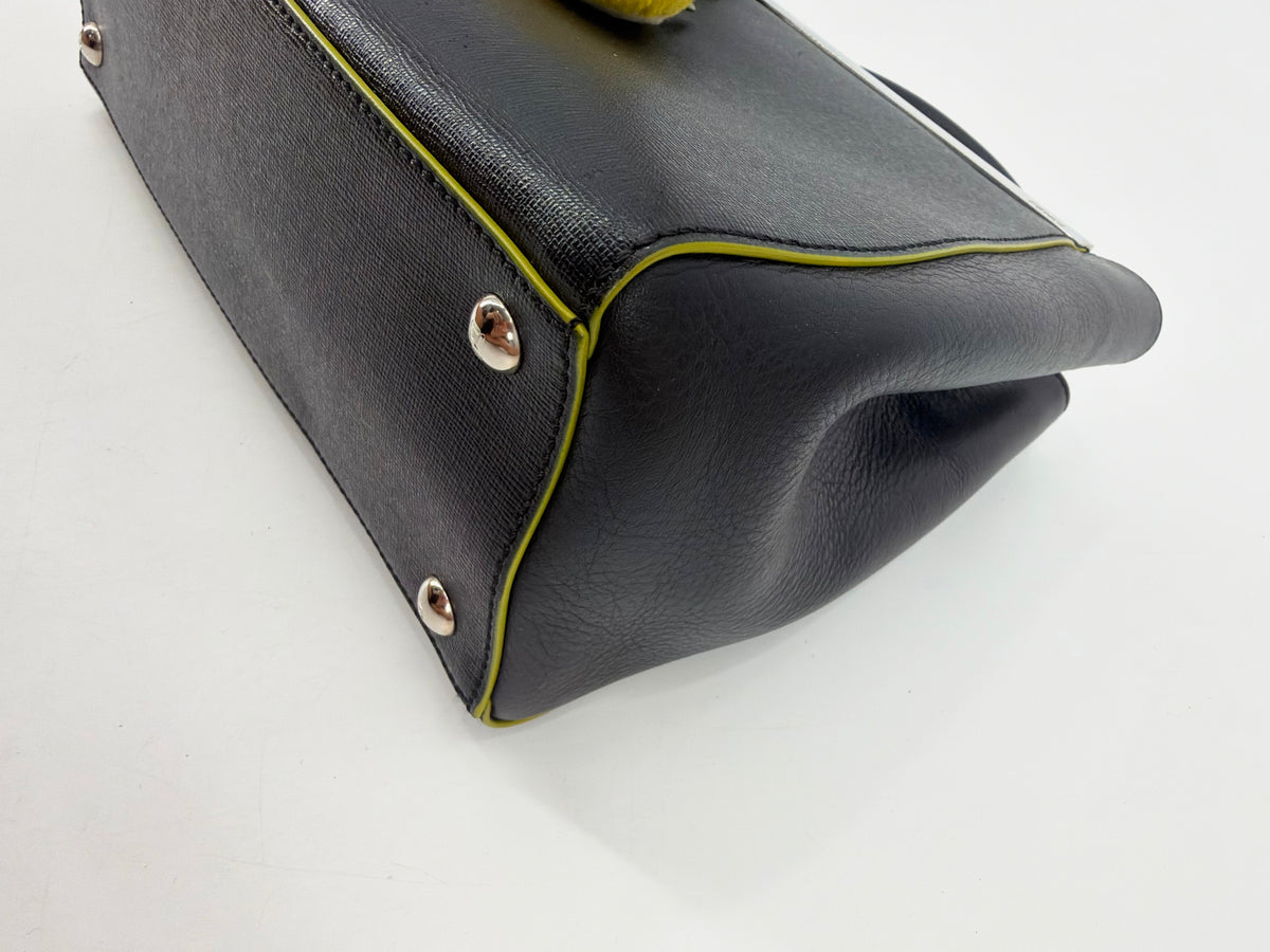 Fendi 2Jours Petite Black Leather Tote Yellow Edge Pom Charm