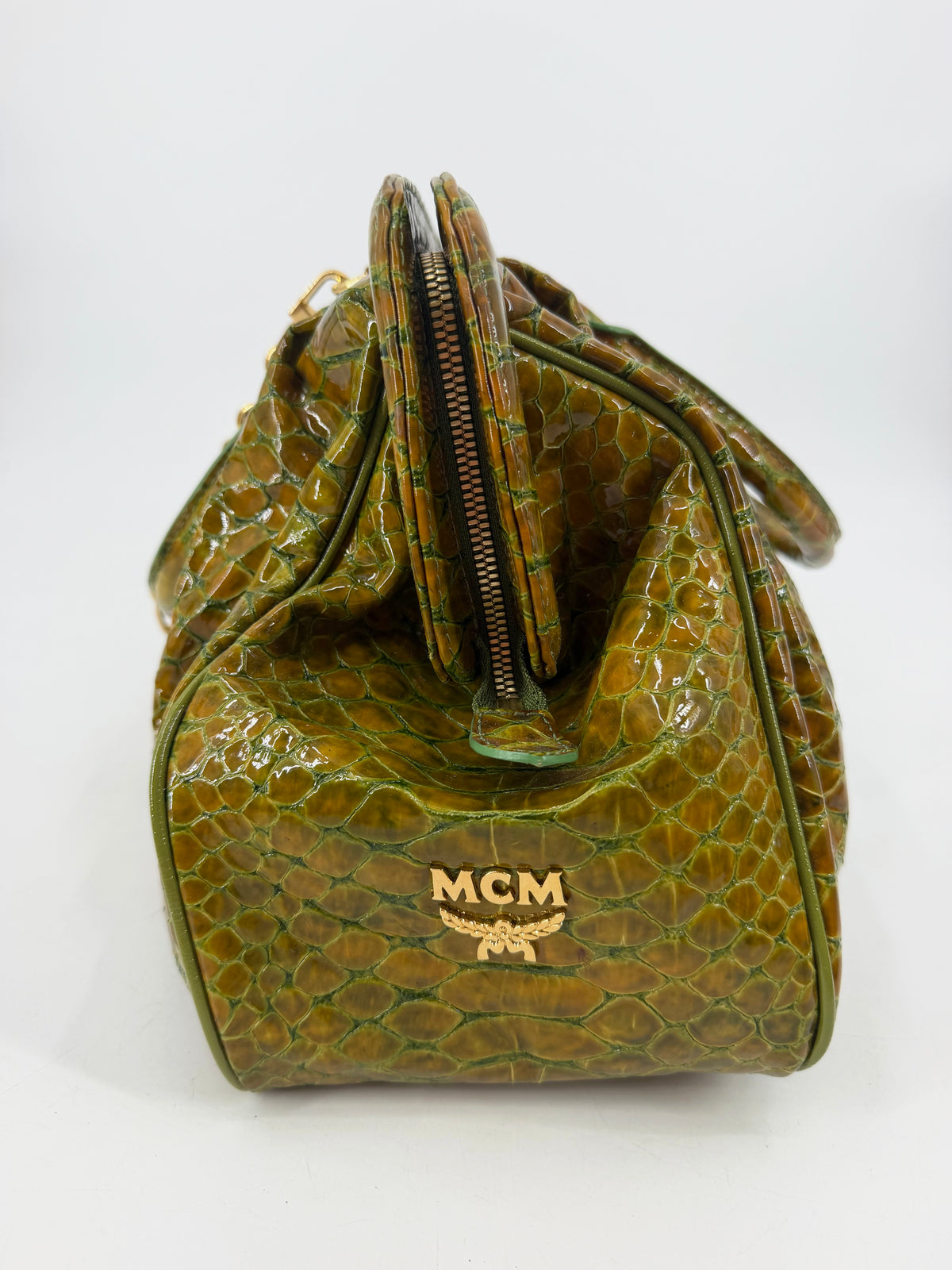 MCM Patent Croc Embossed Leather Top Handle Satchel Olive Green Gold Chain