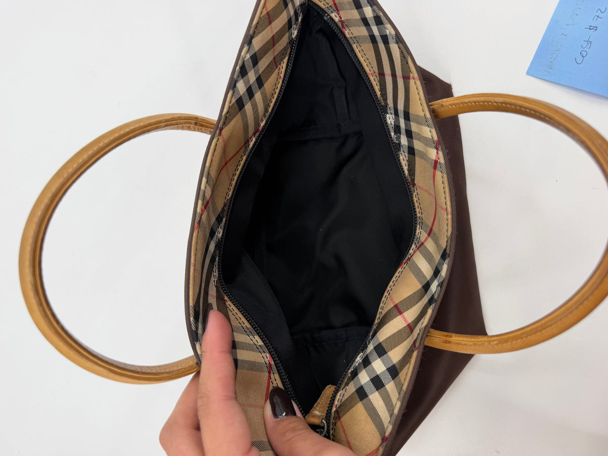 Burberry Blue Label Mini Nylon Tote Brown Tan Leather Handles