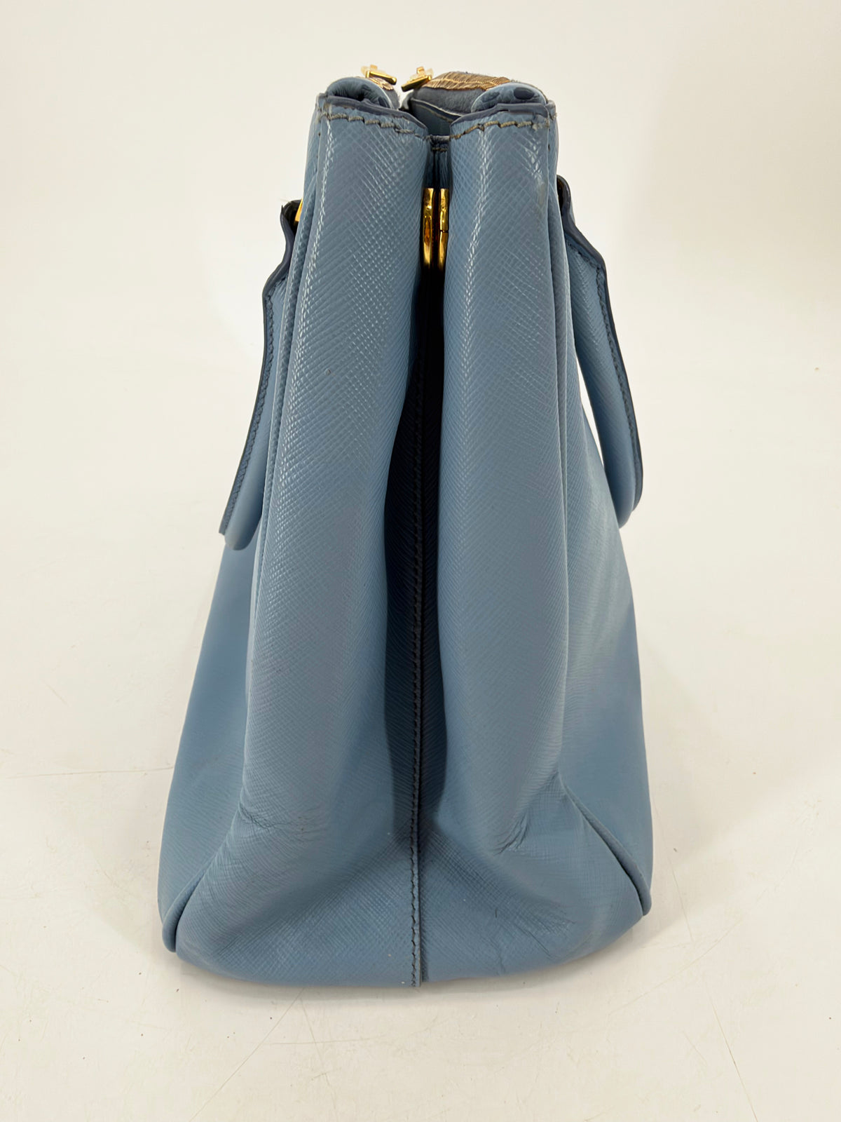 Prada Galleria Saffiano Lux Medium Double Zip Tote Periwinkle Blue Gold Hardware