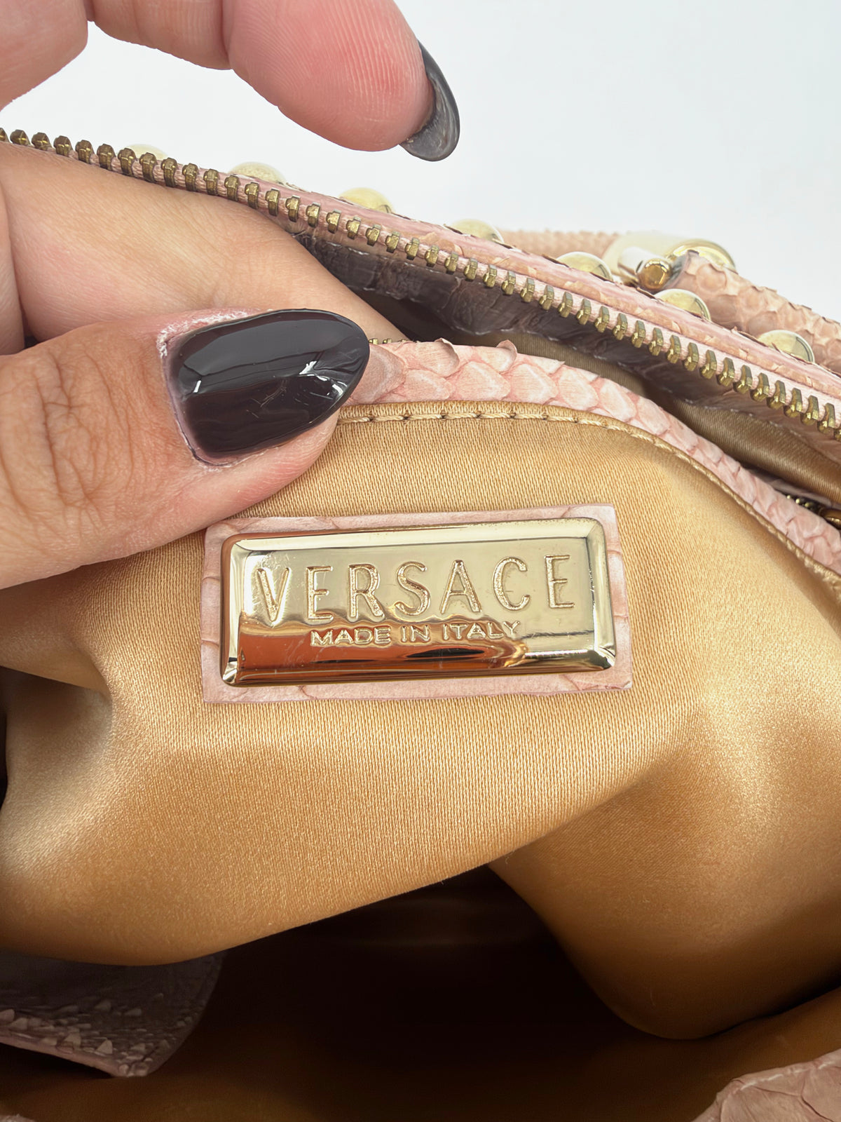Versace Pink Woven Leather Studded Boston Satchel Python-Effect Trim Gold Logo Plaque