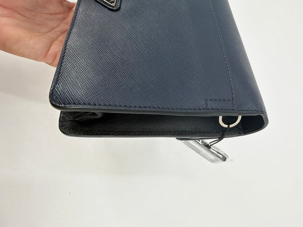 Prada Saffiano Bicolor Navy and Black Flap Clutch Silver Push Lock