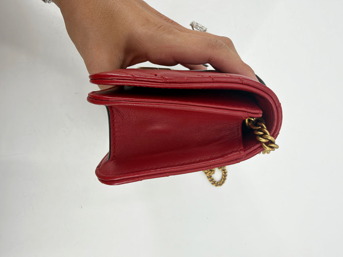 Gucci GG Marmont Matelasse Red Leather Chain Wallet Gold GG