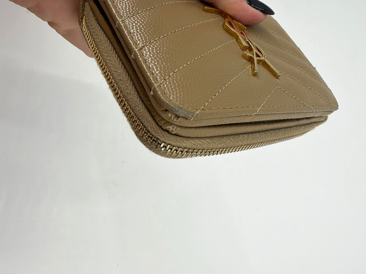 Saint Laurent YSL Monogram Grain de Poudre Compact Wallet Tan Gold Hardware