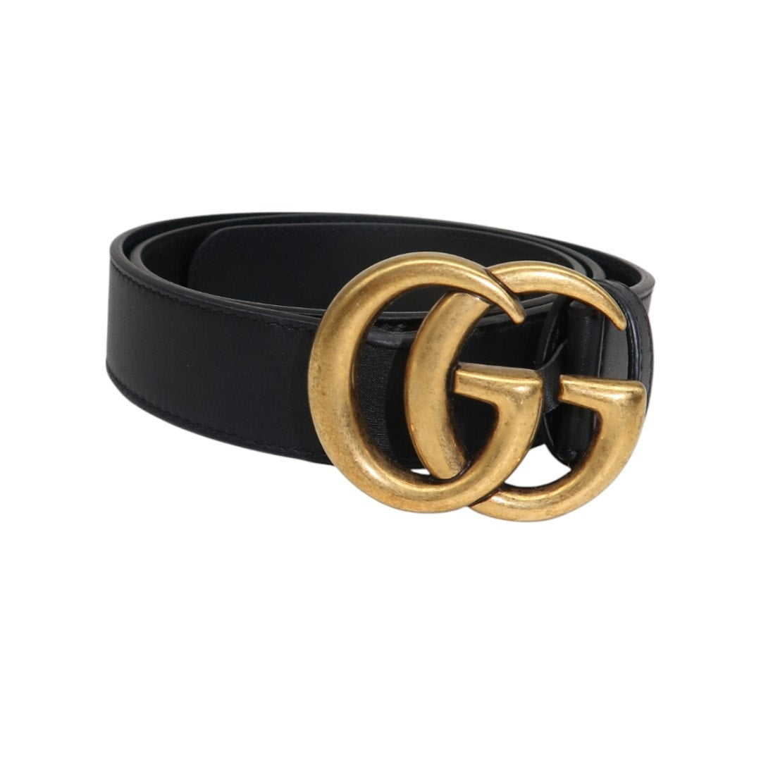 Gucci Leather Double G Marmont Gold Buckle Logo Leather Belt Black